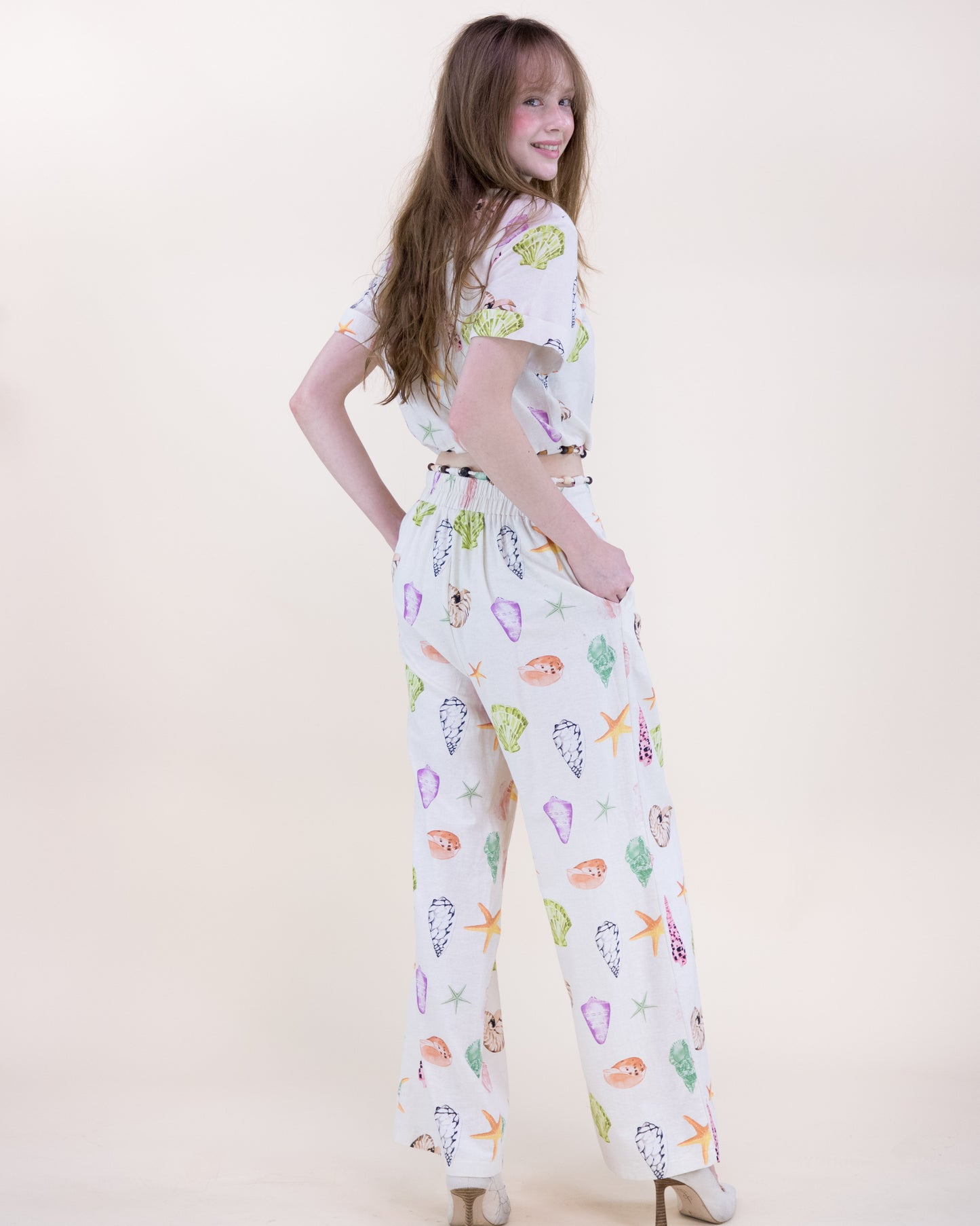 Sunwashed Seashell Beaded Front Tie Wide Leg Trousers