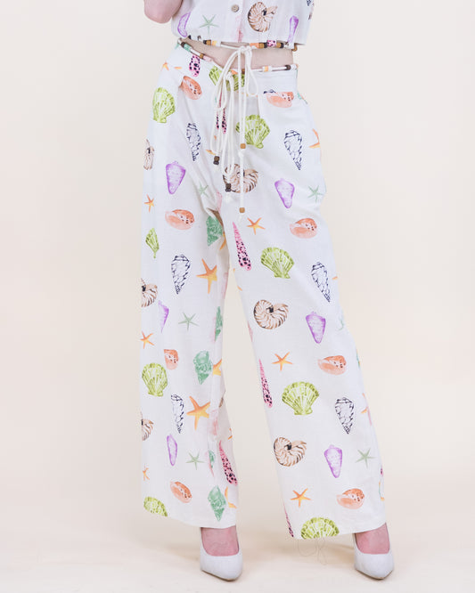 Sunwashed Seashell Beaded Front Tie Wide Leg Trousers