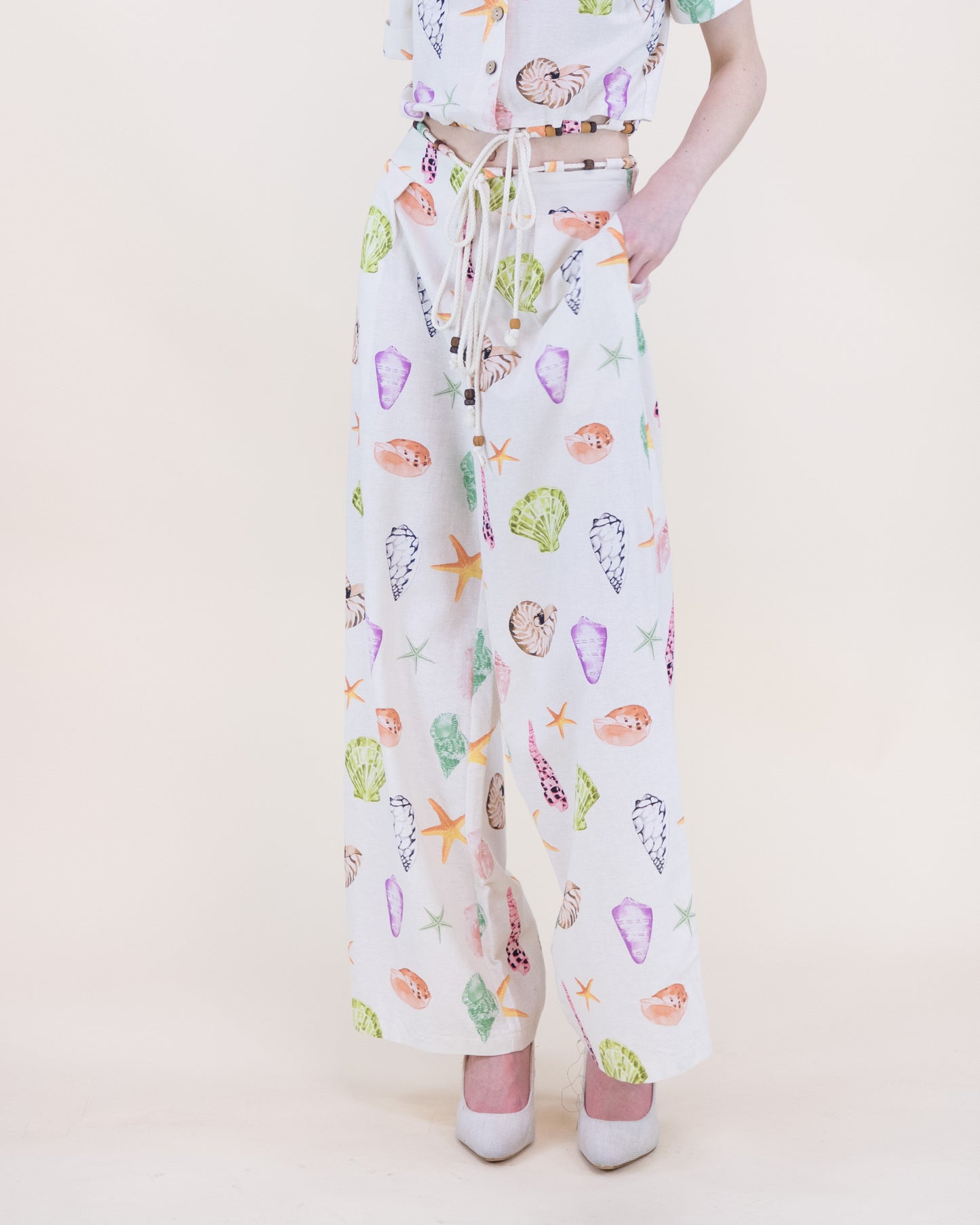 Sunwashed Seashell Beaded Front Tie Wide Leg Trousers