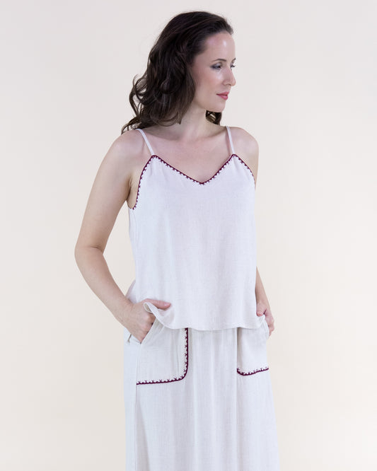 Linen Embroidered Edge Stitch V-Neck Camisole