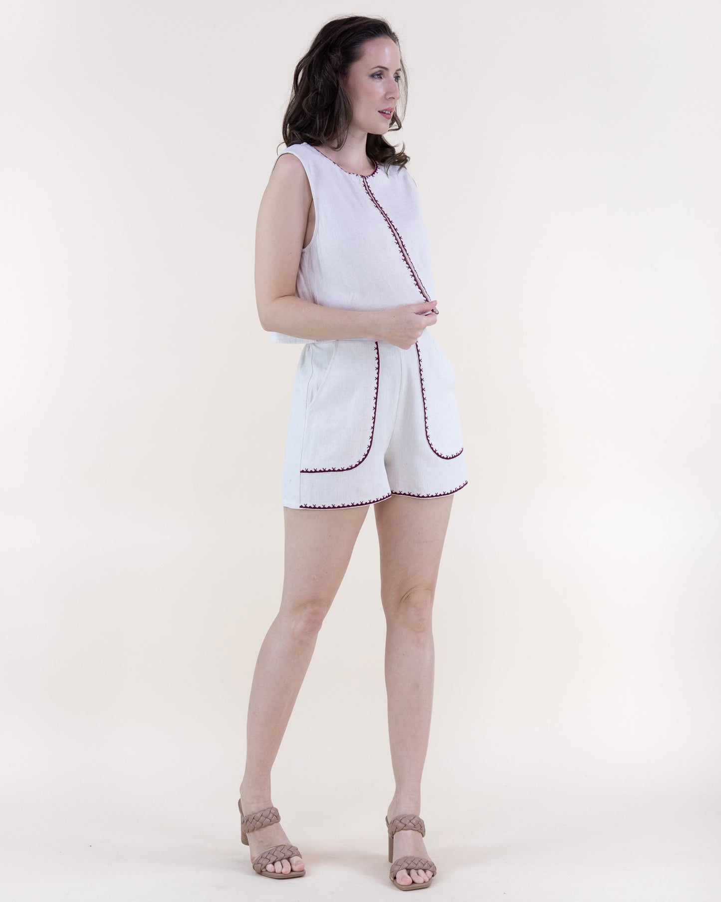 Linen Embroidered Edge Stitch High Waisted Shorts