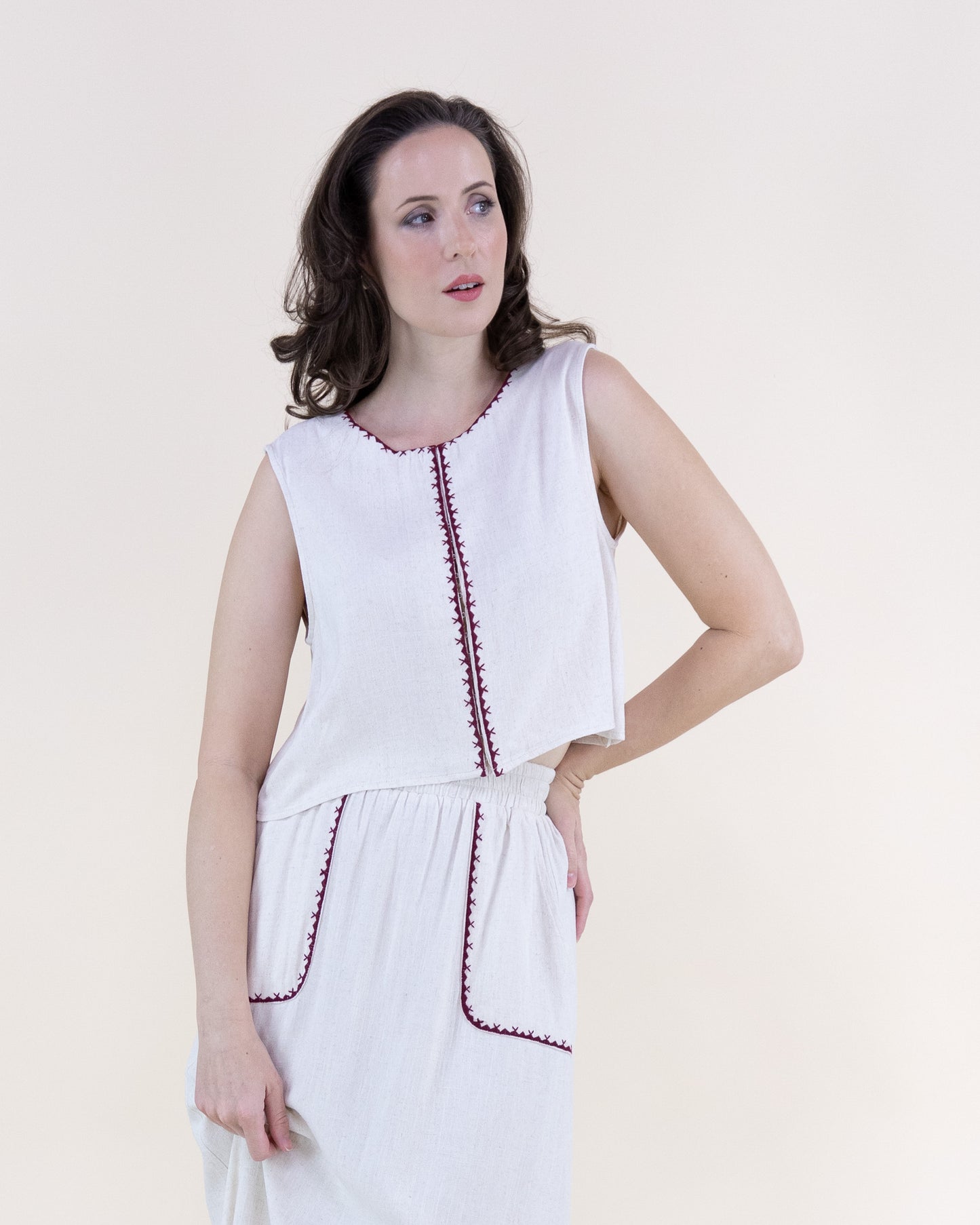 Linen Embroidered Edge Stitch Hook & Eye Crop Top