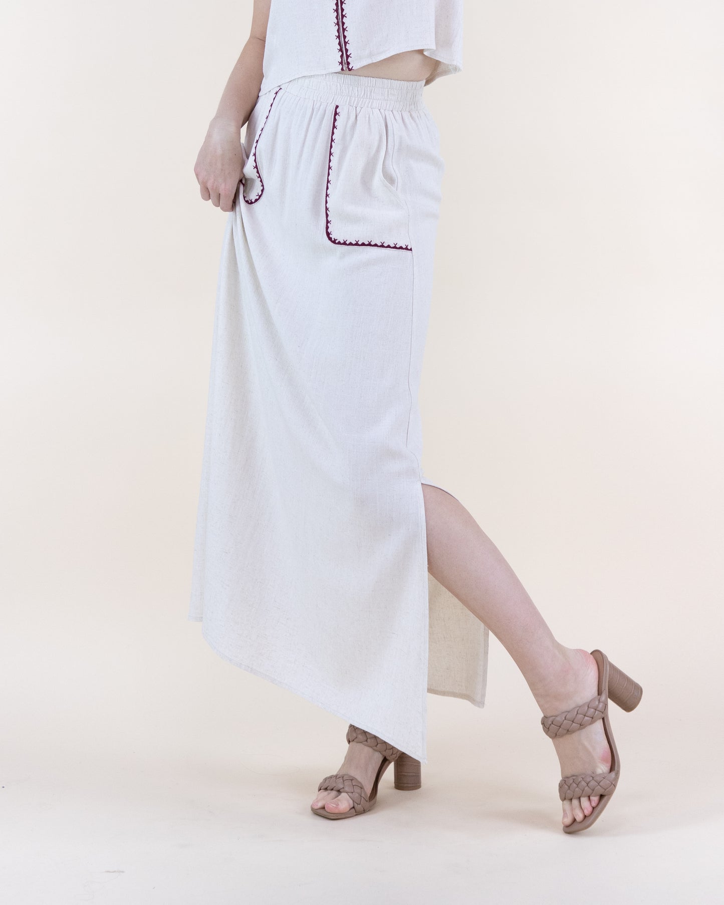 Linen Embroidered Edge Stitch Maxi Skirt