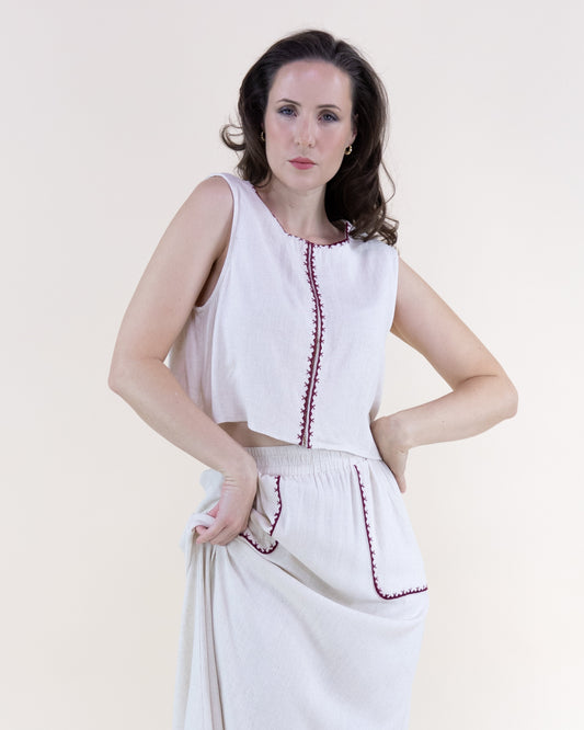 Linen Embroidered Edge Stitch Hook & Eye Crop Top