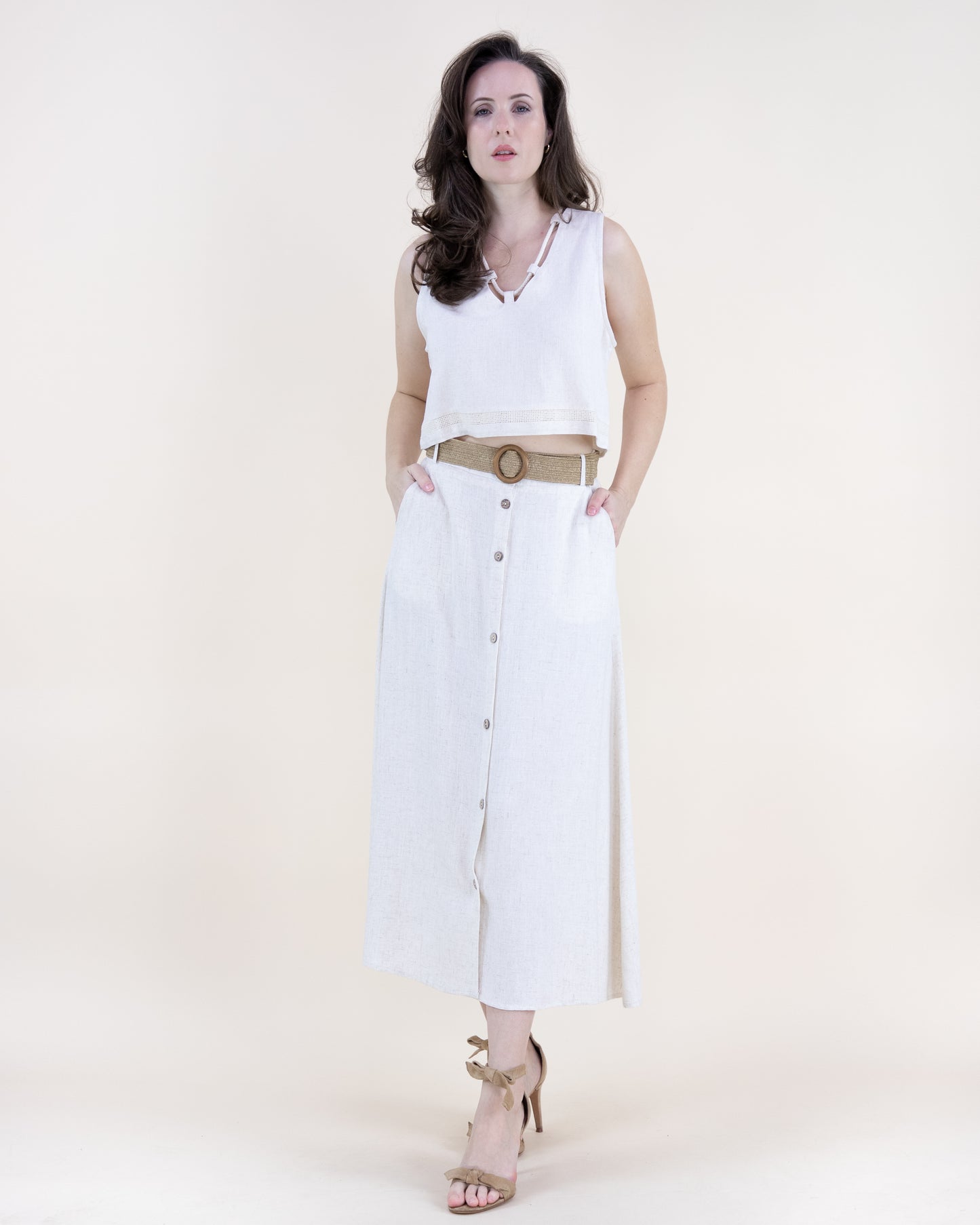 Linen Button Front Belted Midi Skirt