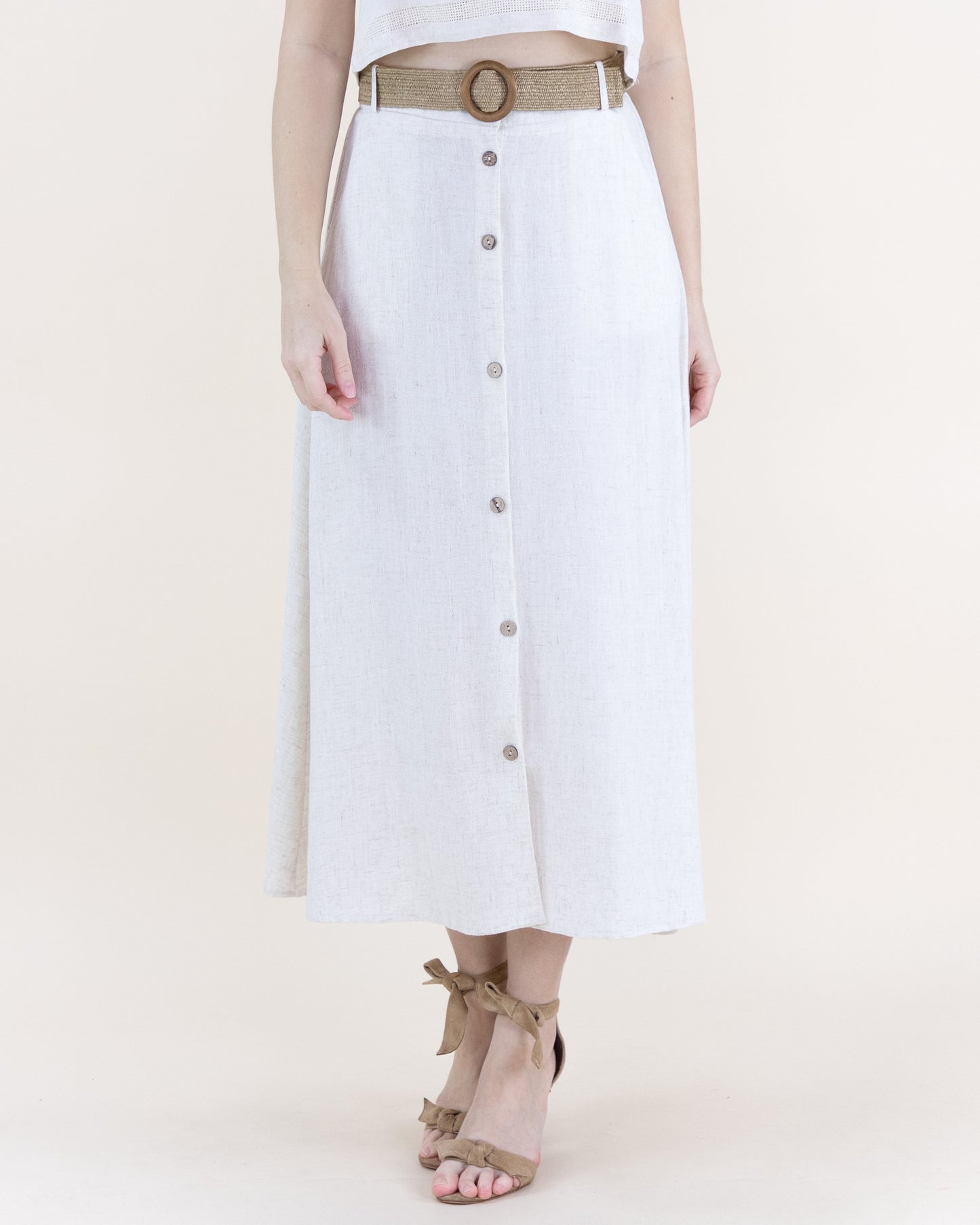 Linen Button Front Belted Midi Skirt