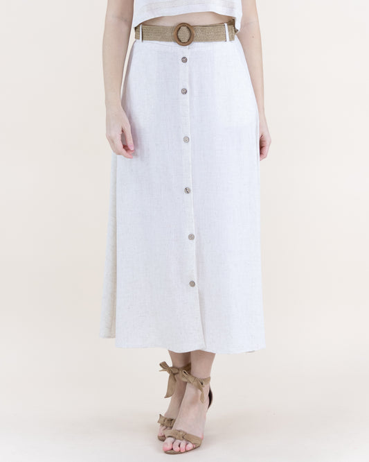 Linen Button Front Belted Midi Skirt