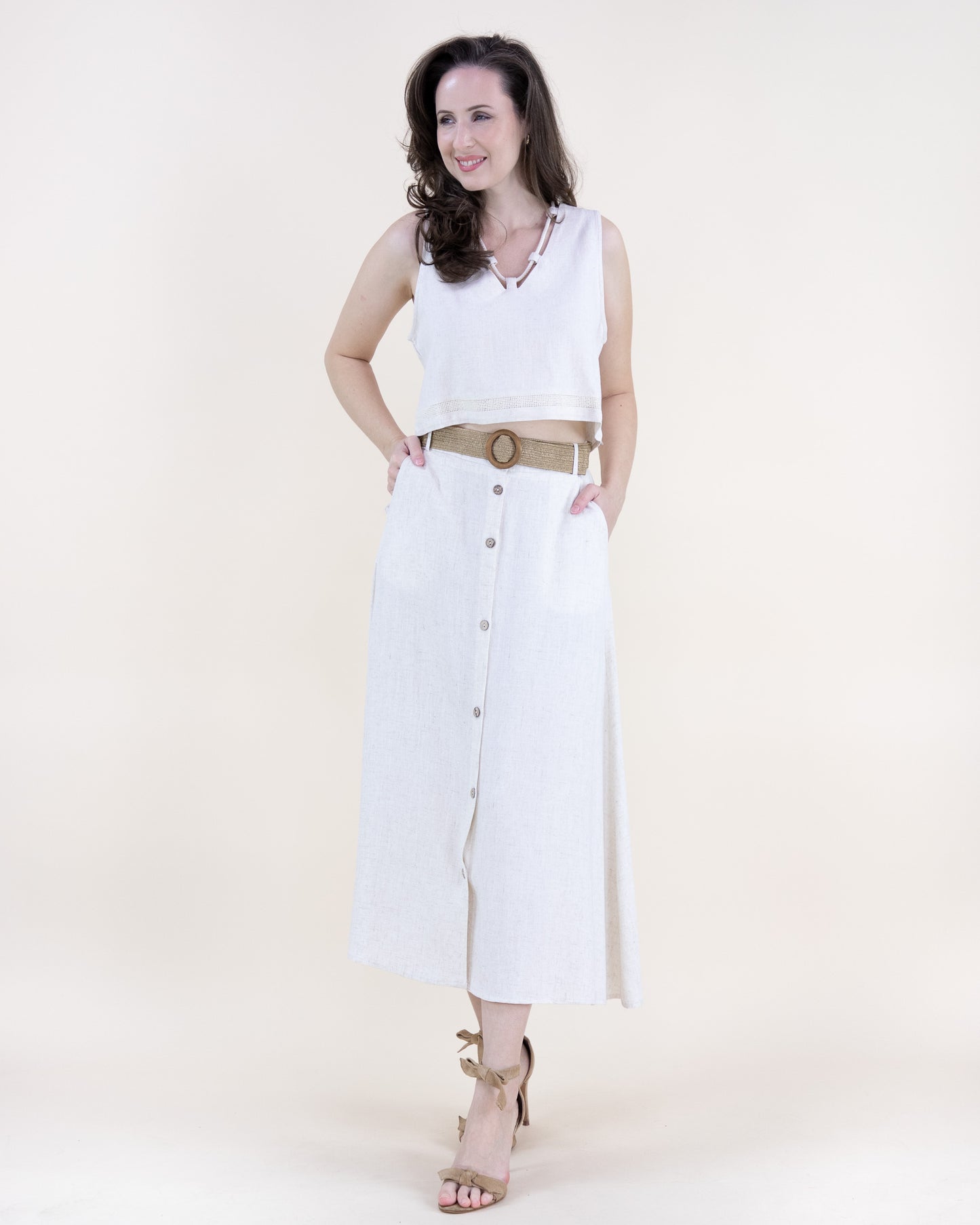 Linen Button Front Belted Midi Skirt