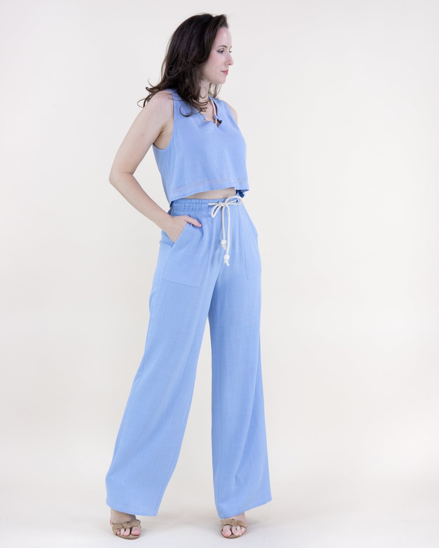Coastal Linen Rope Belt Wide Legged Pants