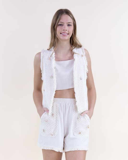 Seashell Embellished Raw Hem Net Vest