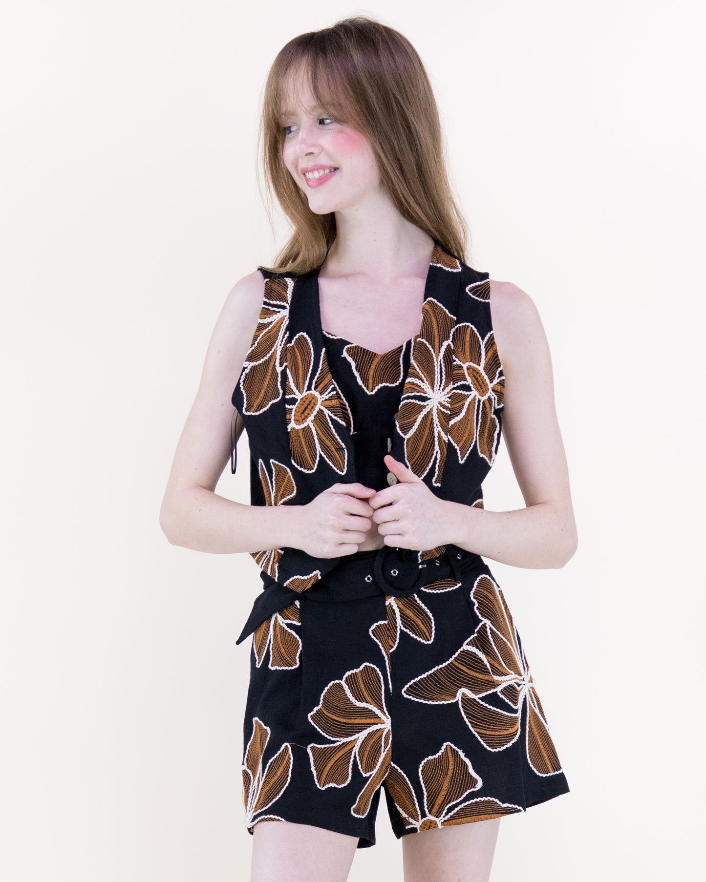 Embroidered Petals Belted High Waisted Shorts