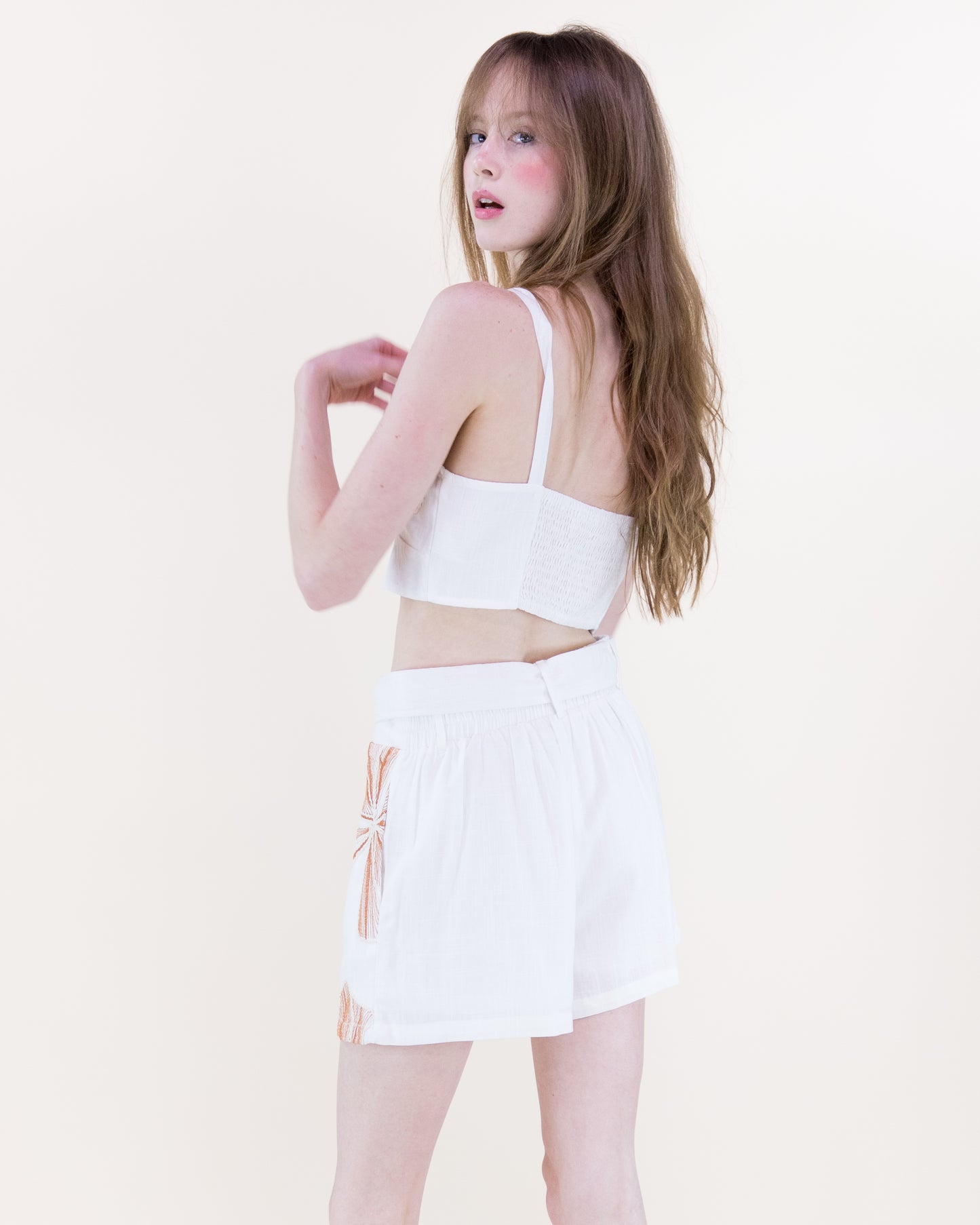 Embroidered Petals Belted High Waisted Shorts