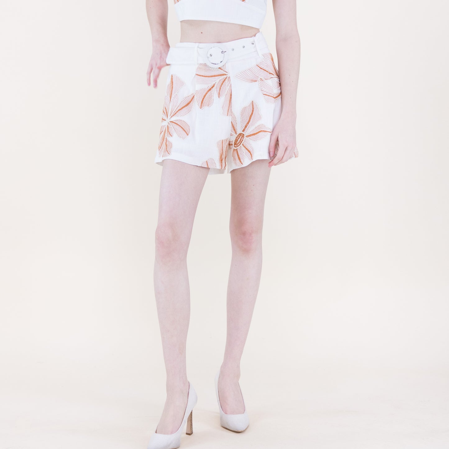 Embroidered Petals Belted High Waisted Shorts
