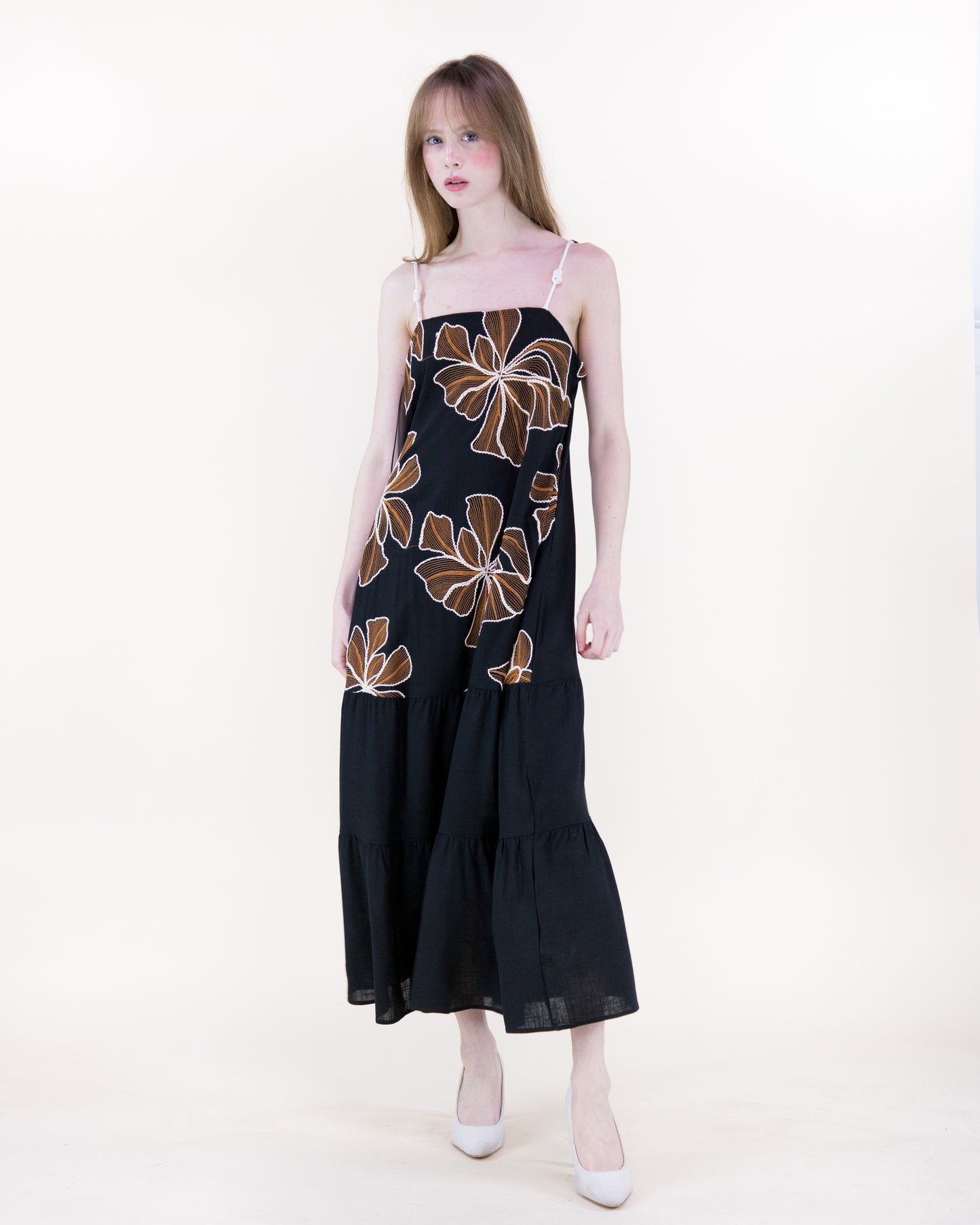 Embroidered Petals Tiered Maxi Dress