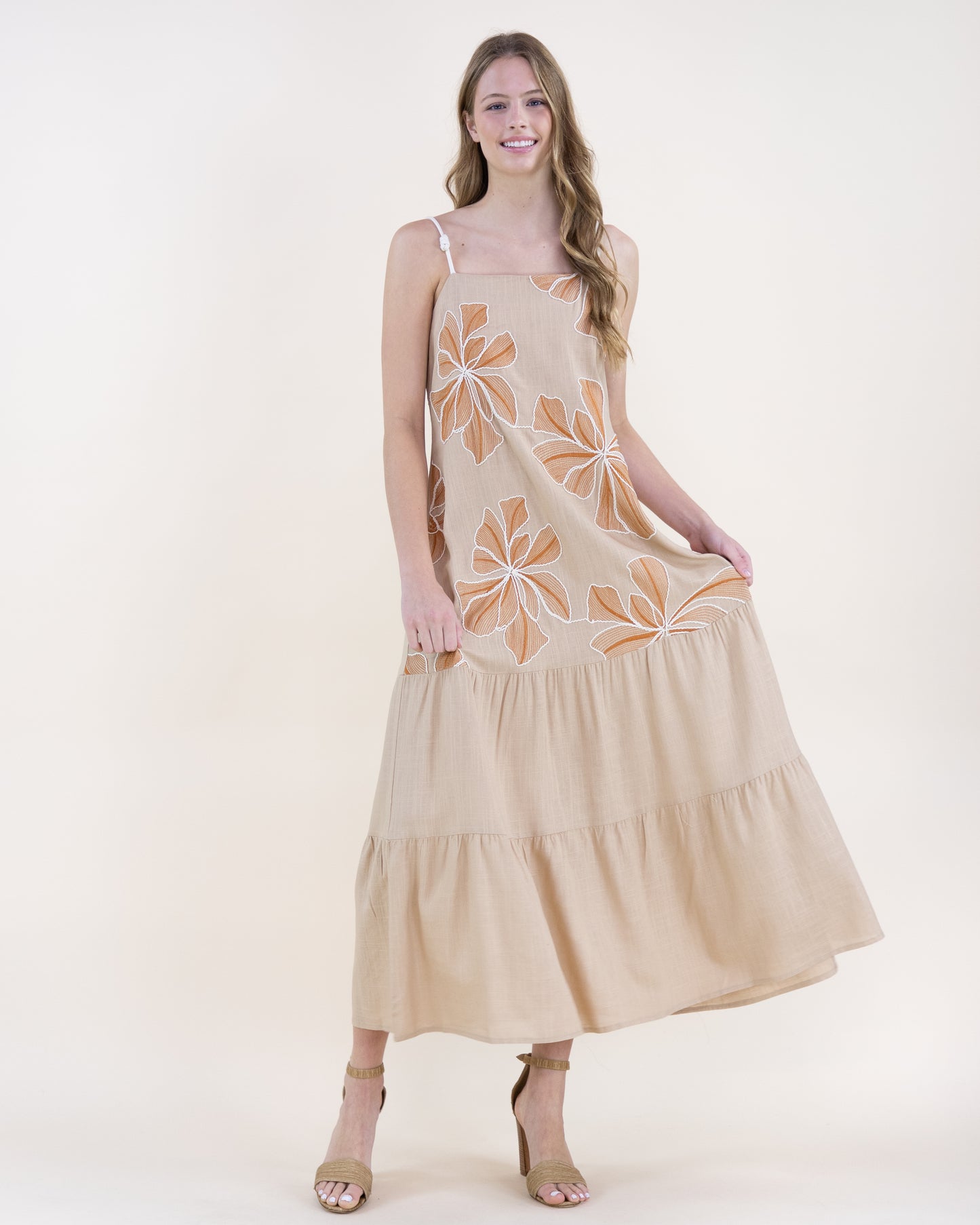 Embroidered Petals Tiered Maxi Dress