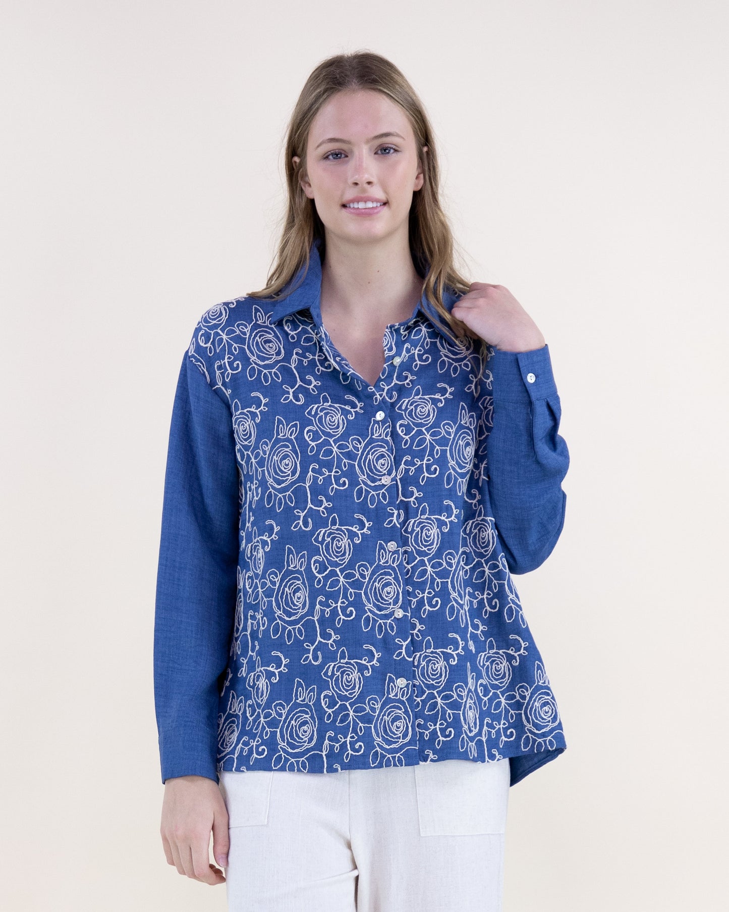 Prairie Rose Embroidered Cotton Blend Button Up Shirt