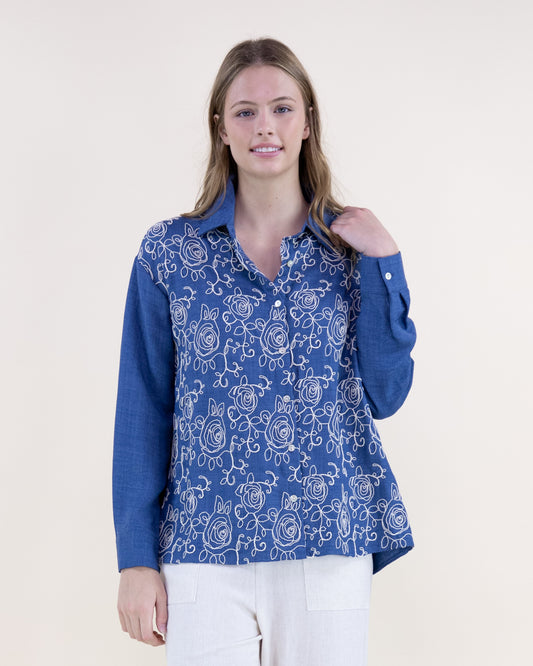 Prairie Rose Embroidered Cotton Blend Button Up Shirt