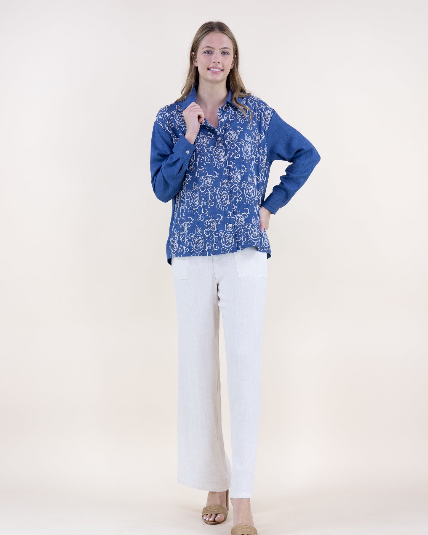 Prairie Rose Embroidered Cotton Blend Button Up Shirt
