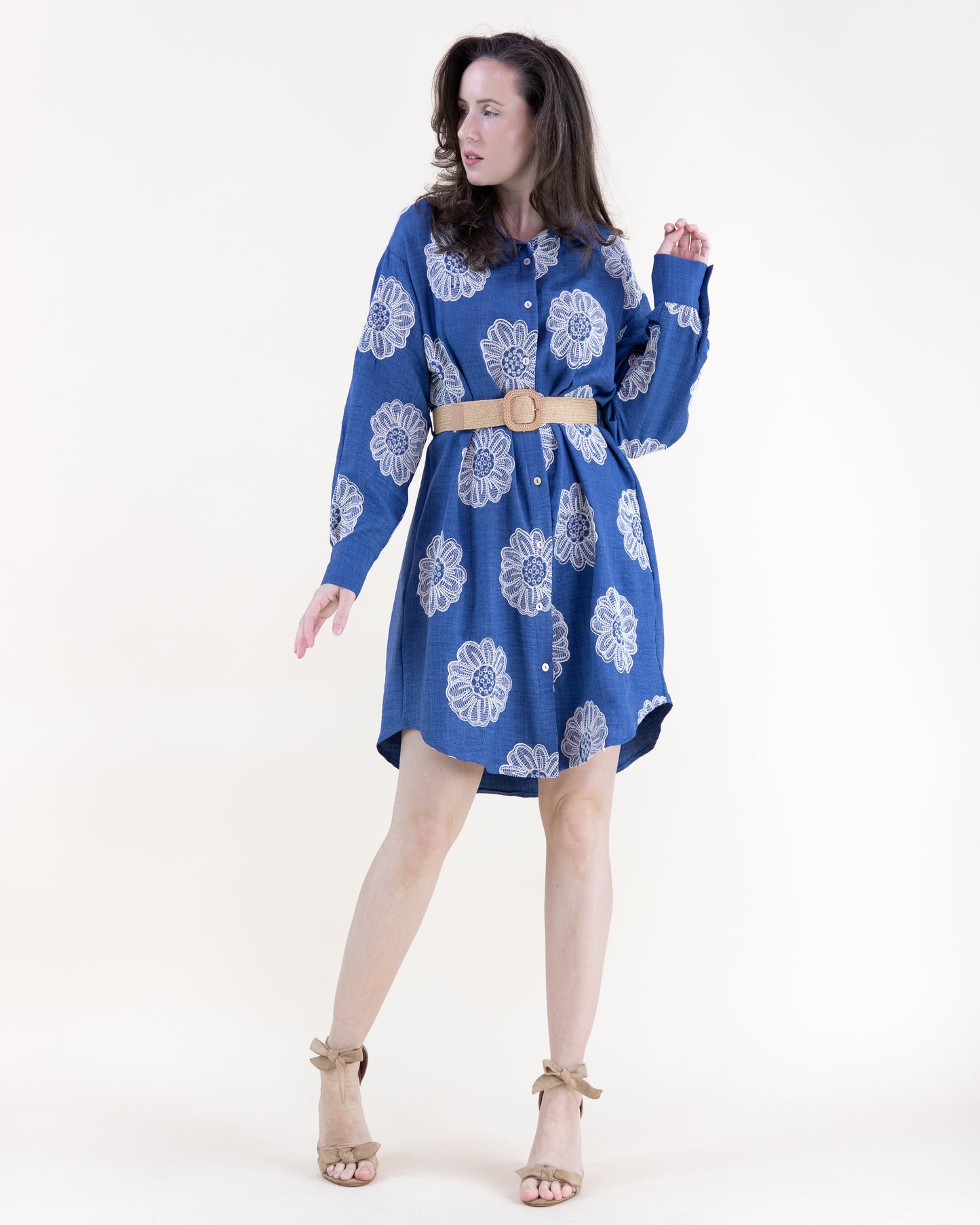 Floral Embroidered Belted Cotton Blend Midi Shirt Dress