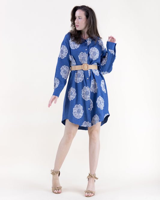 Floral Embroidered Belted Cotton Blend Midi Shirt Dress