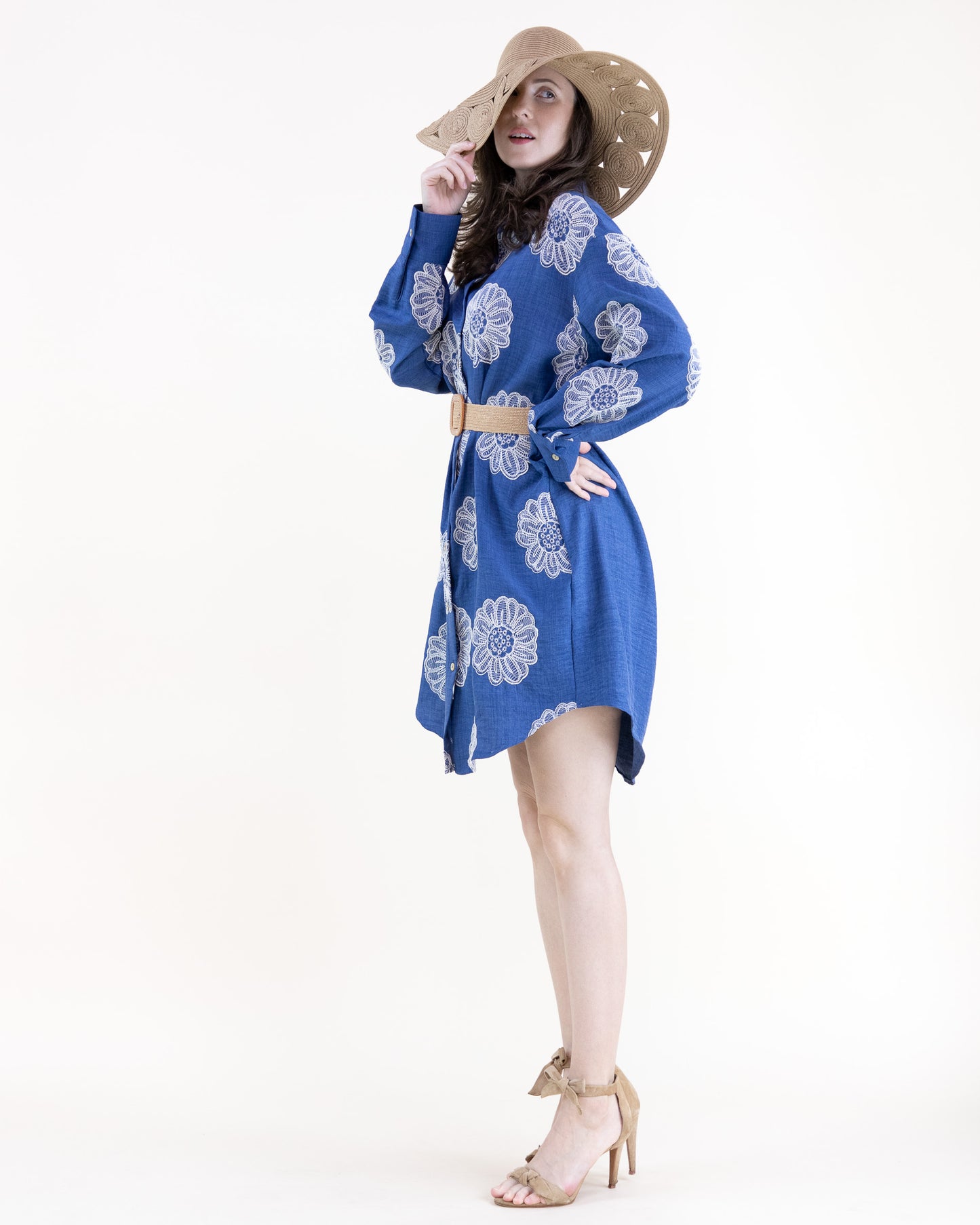 Floral Embroidered Belted Cotton Blend Midi Shirt Dress