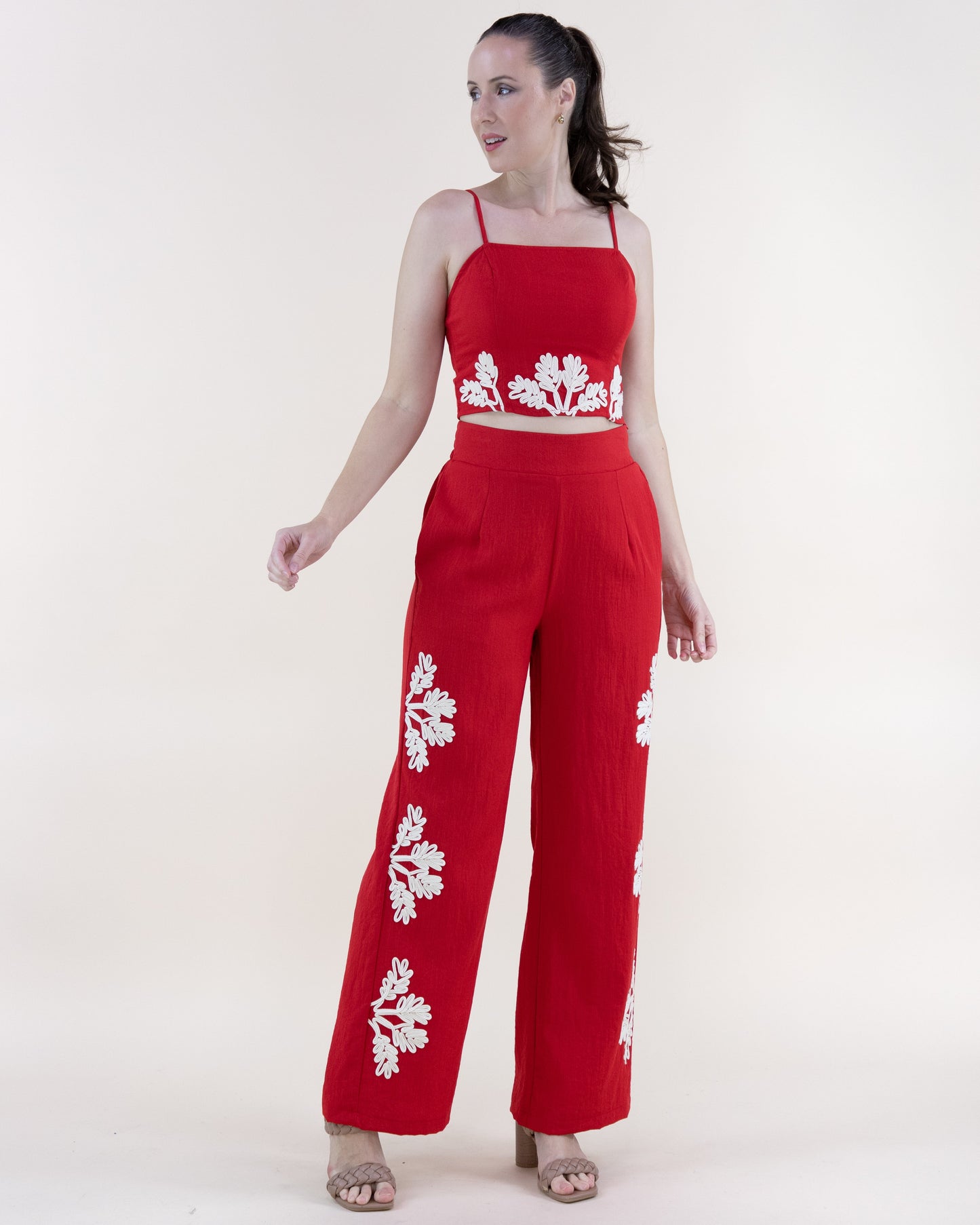 Tropical Side Leg Embroidered Wide Leg Pants - S/M, L/XL
