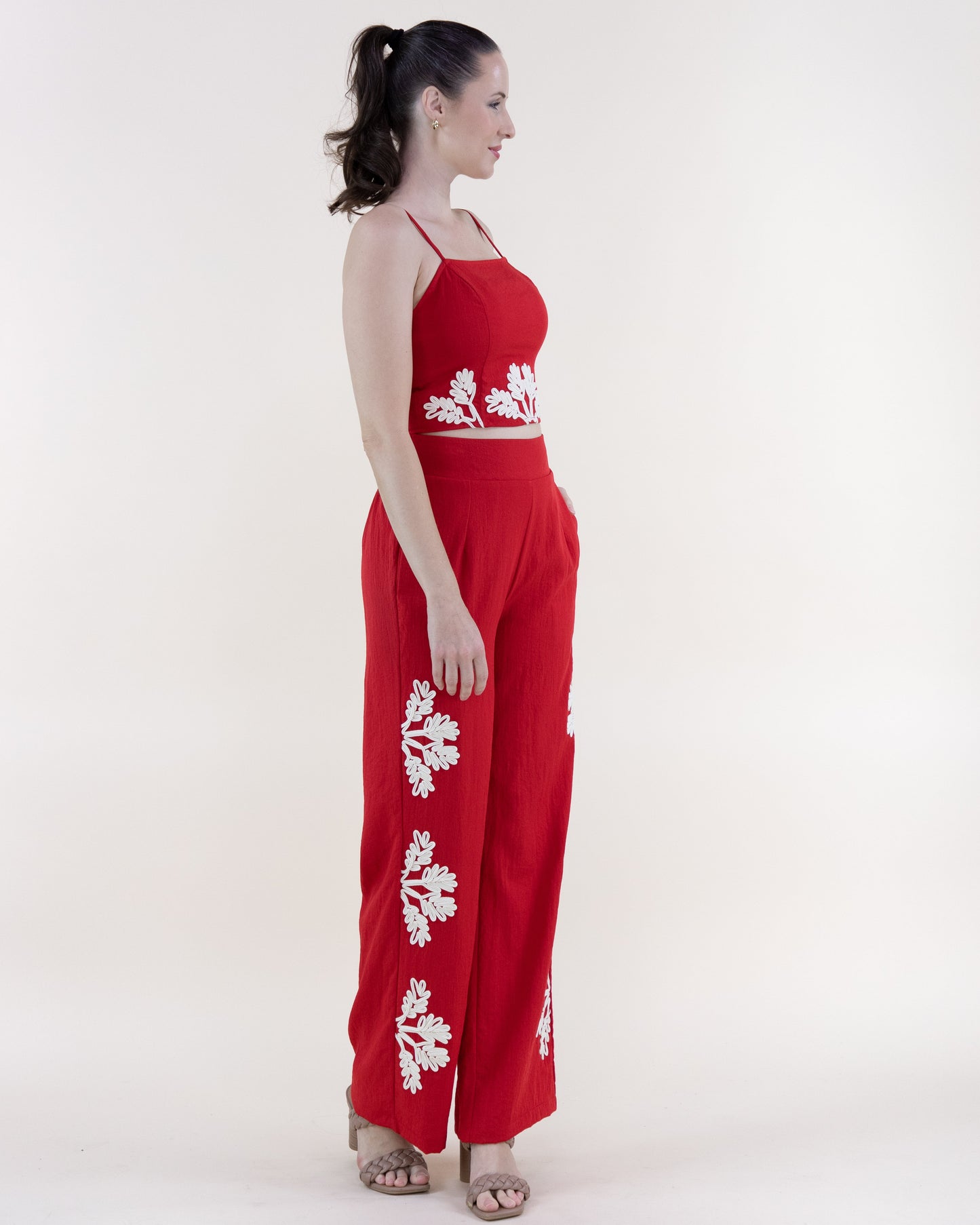 Tropical Side Leg Embroidered Wide Leg Pants - S/M, L/XL