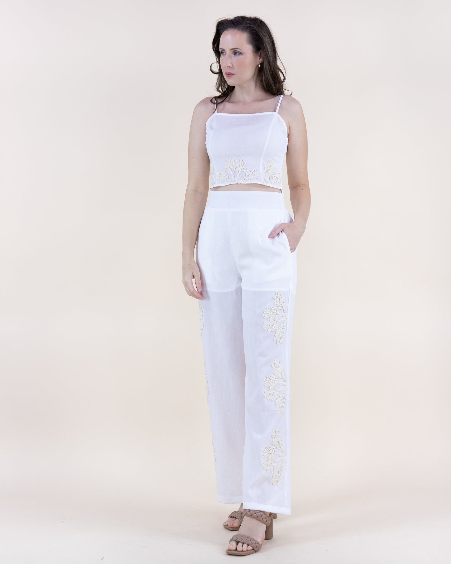 Tropical Embroidered Square Neck Crop Top