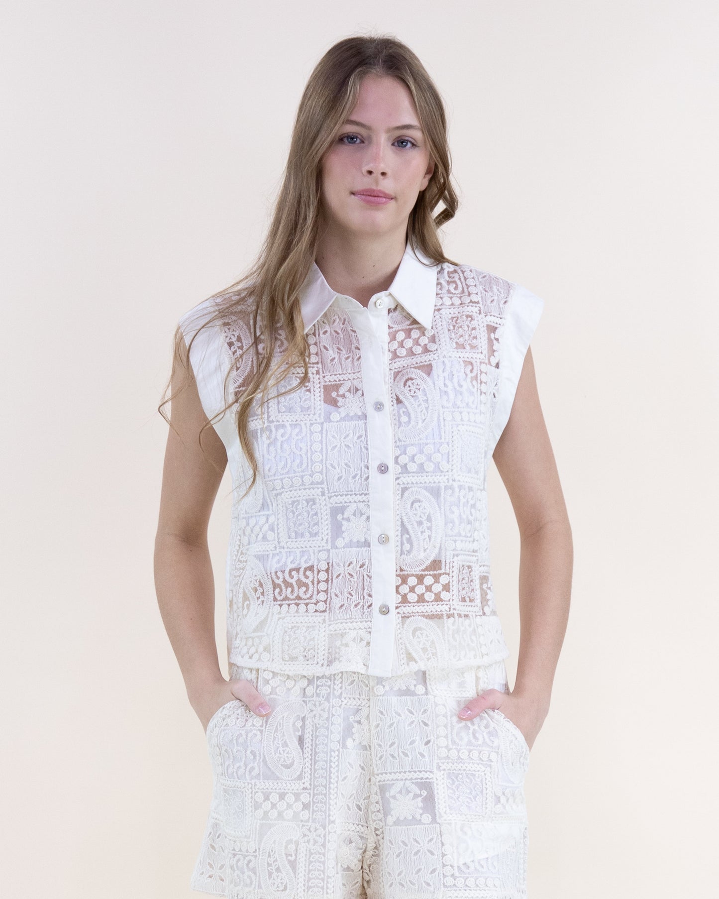 Sheer Lace Collage Cap Sleeve Button Up Shirt