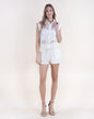 Sheer Lace Collage Cap Sleeve Button Up Shirt