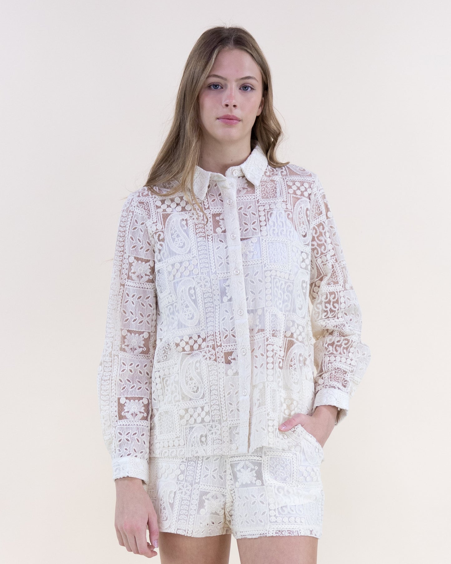 Sheer Lace Collage Long Sleeve Button Up Shirt