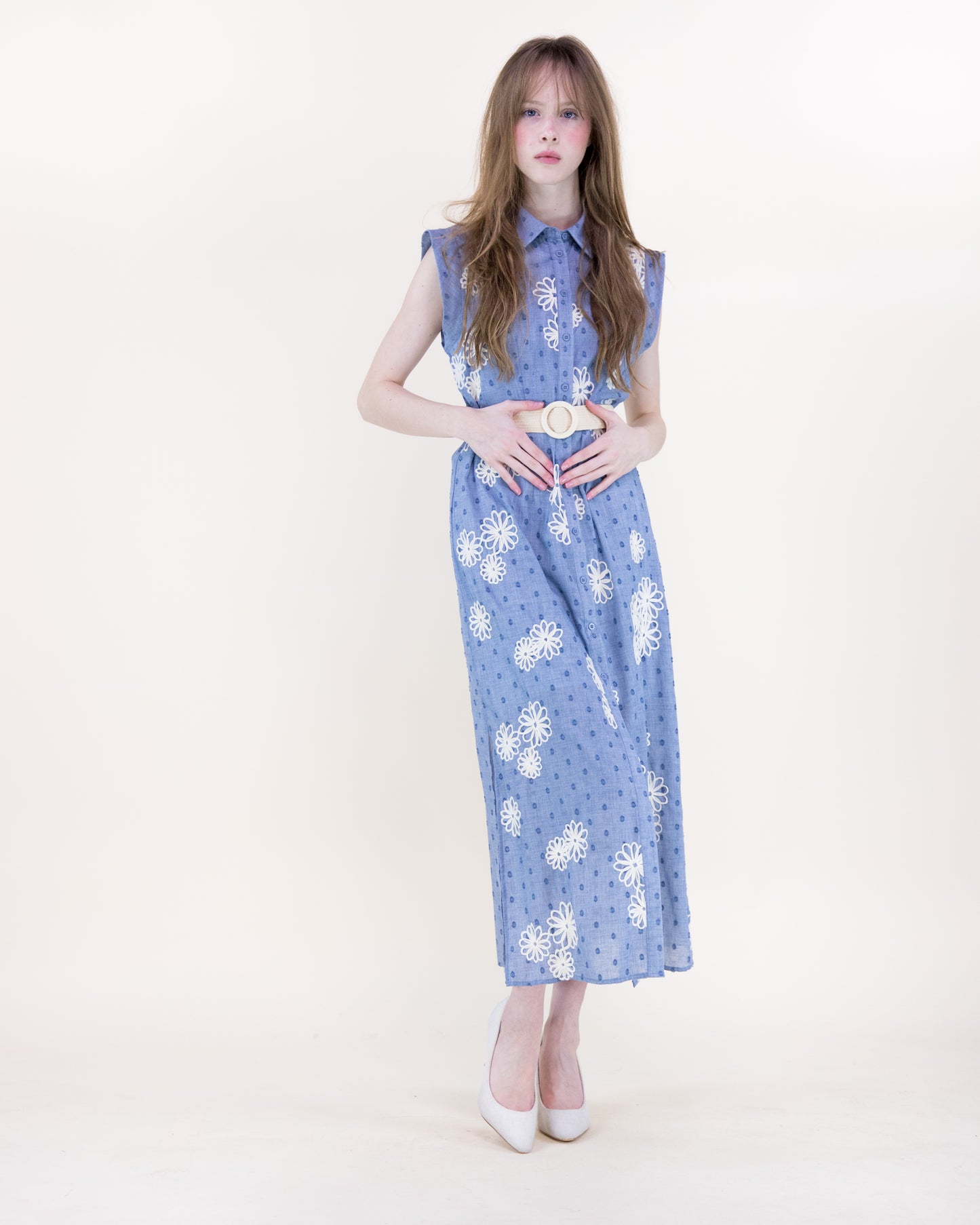 Desert Marigold Embroidered Belted Shirt Dress