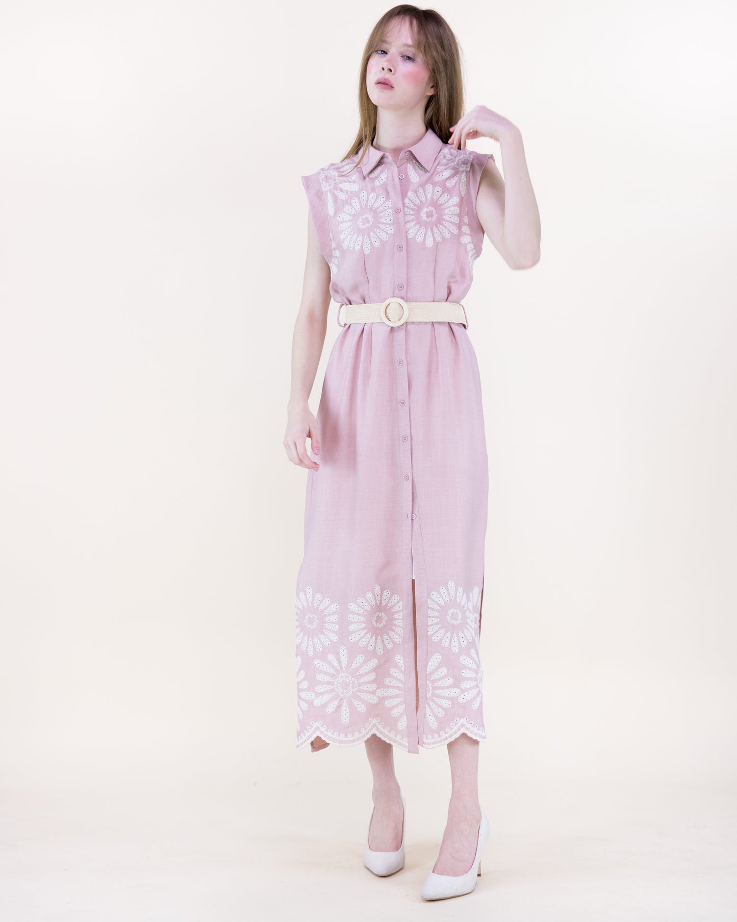 Sunburst Daisy Embroidered Belted Shirt Dress