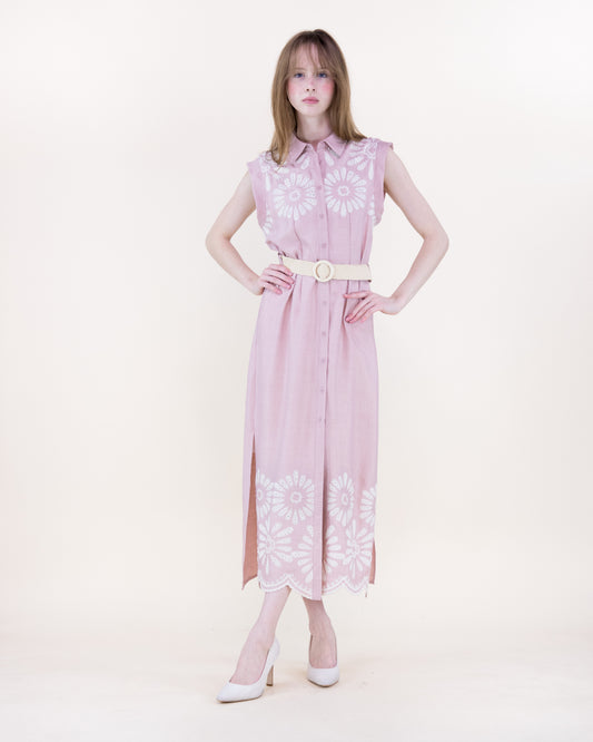 Sunburst Daisy Embroidered Belted Shirt Dress