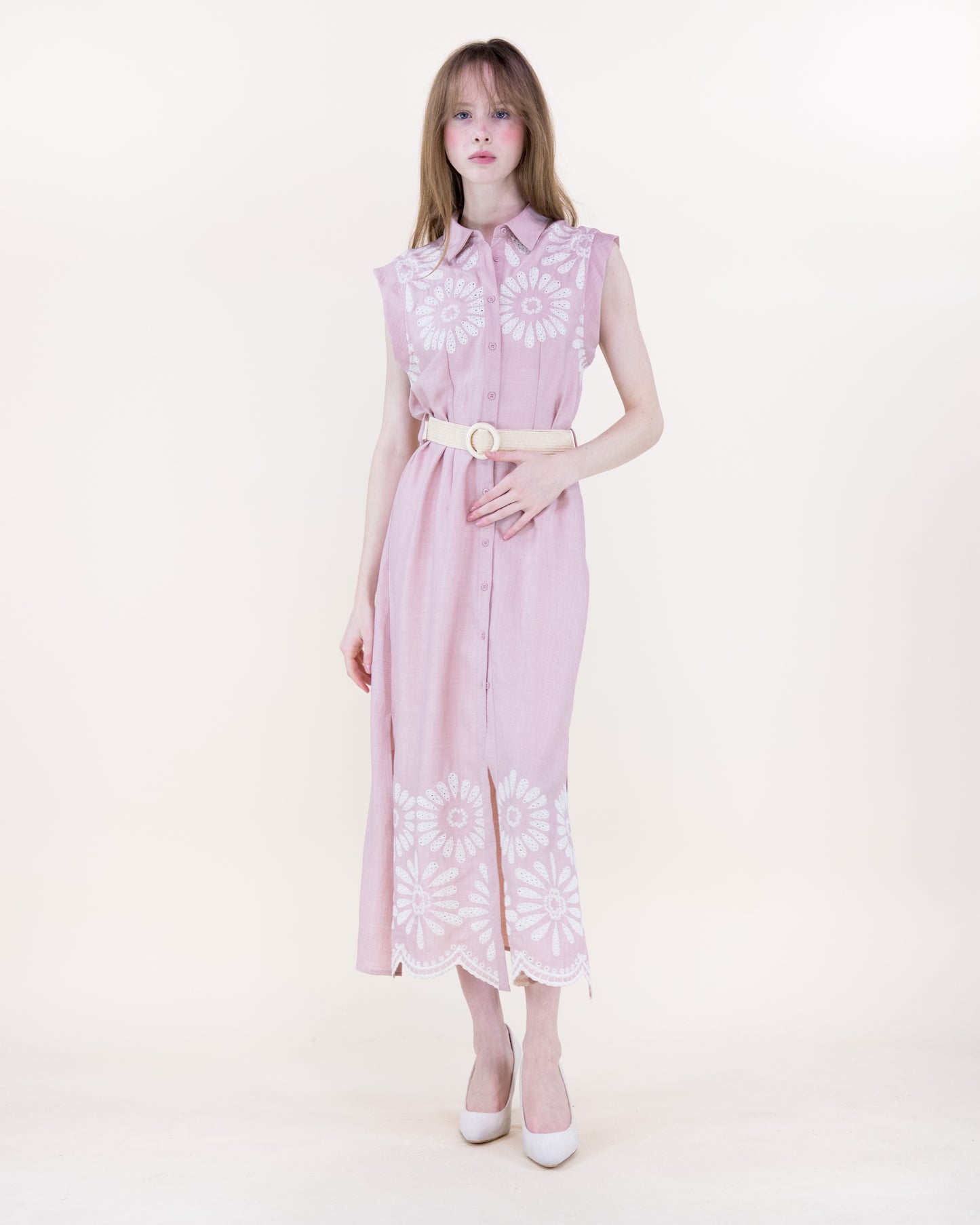 Sunburst Daisy Embroidered Belted Shirt Dress