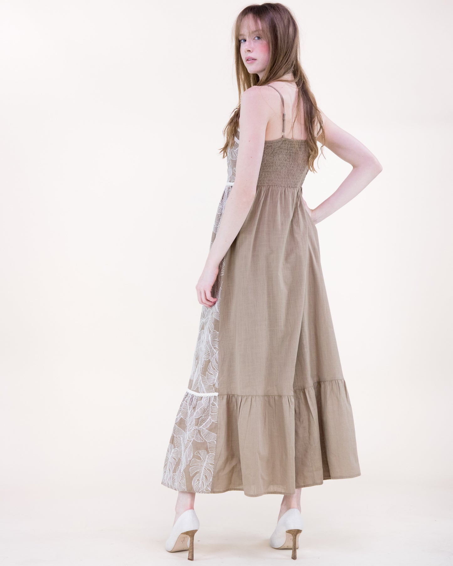 Monstera Leaf Tiered Cotton Maxi Dress