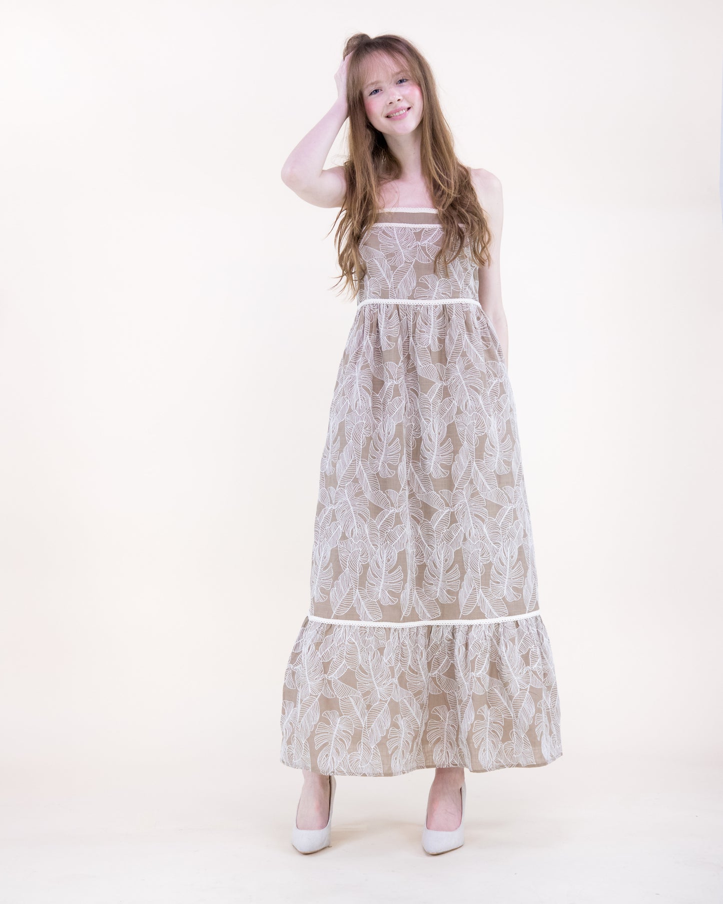Monstera Leaf Tiered Cotton Maxi Dress