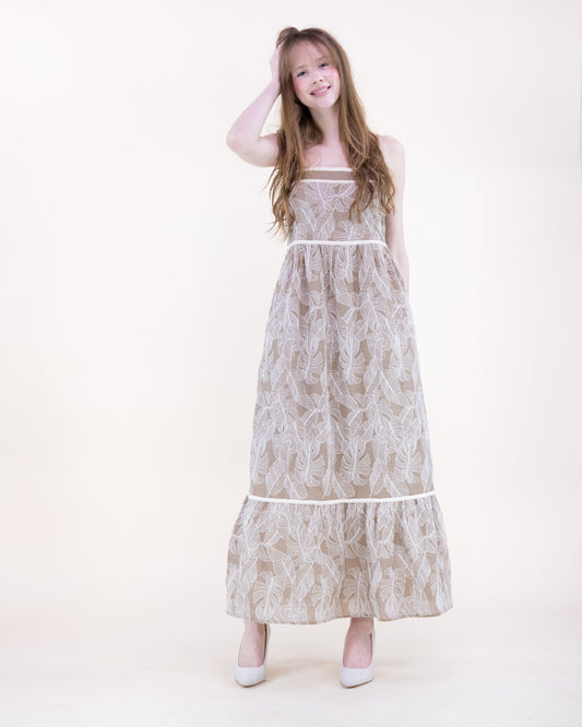 Monstera Leaf Tiered Cotton Maxi Dress