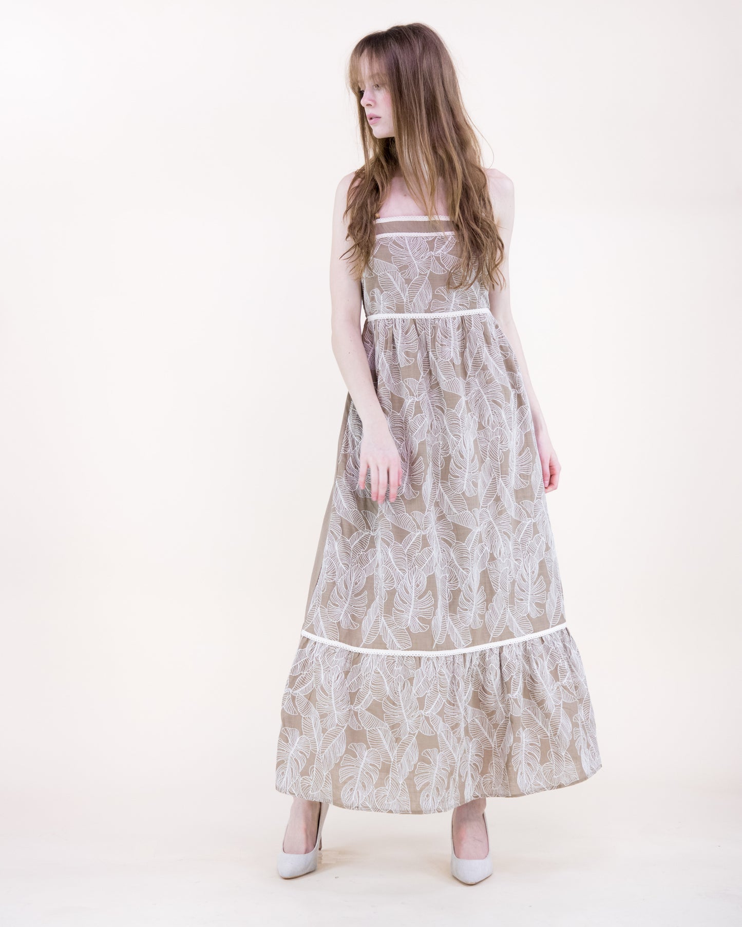 Monstera Leaf Tiered Cotton Maxi Dress