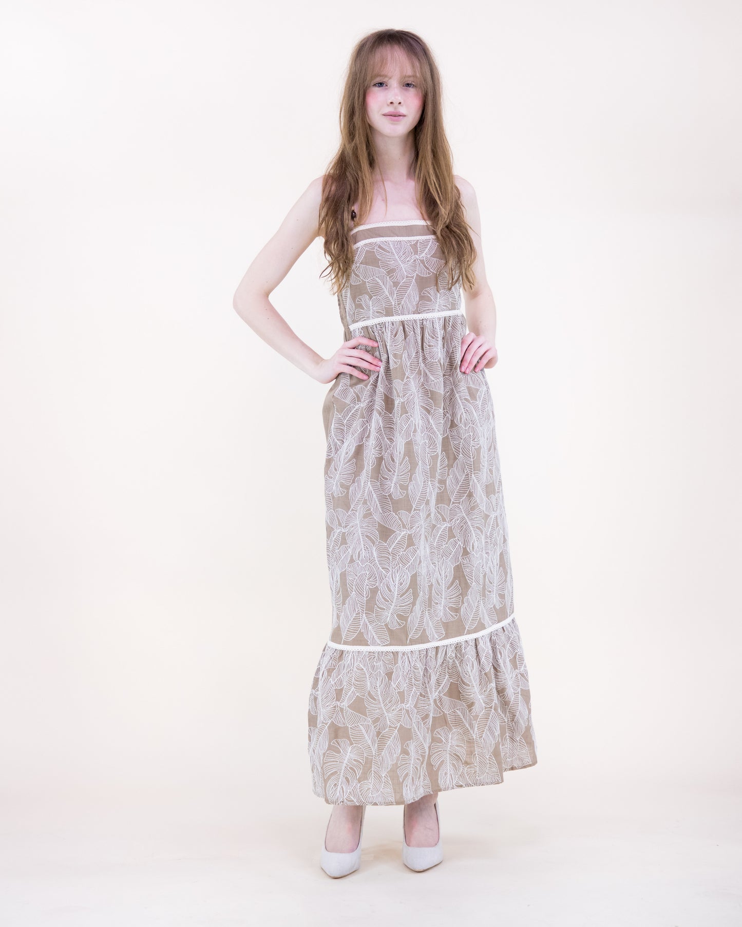 Monstera Leaf Tiered Cotton Maxi Dress