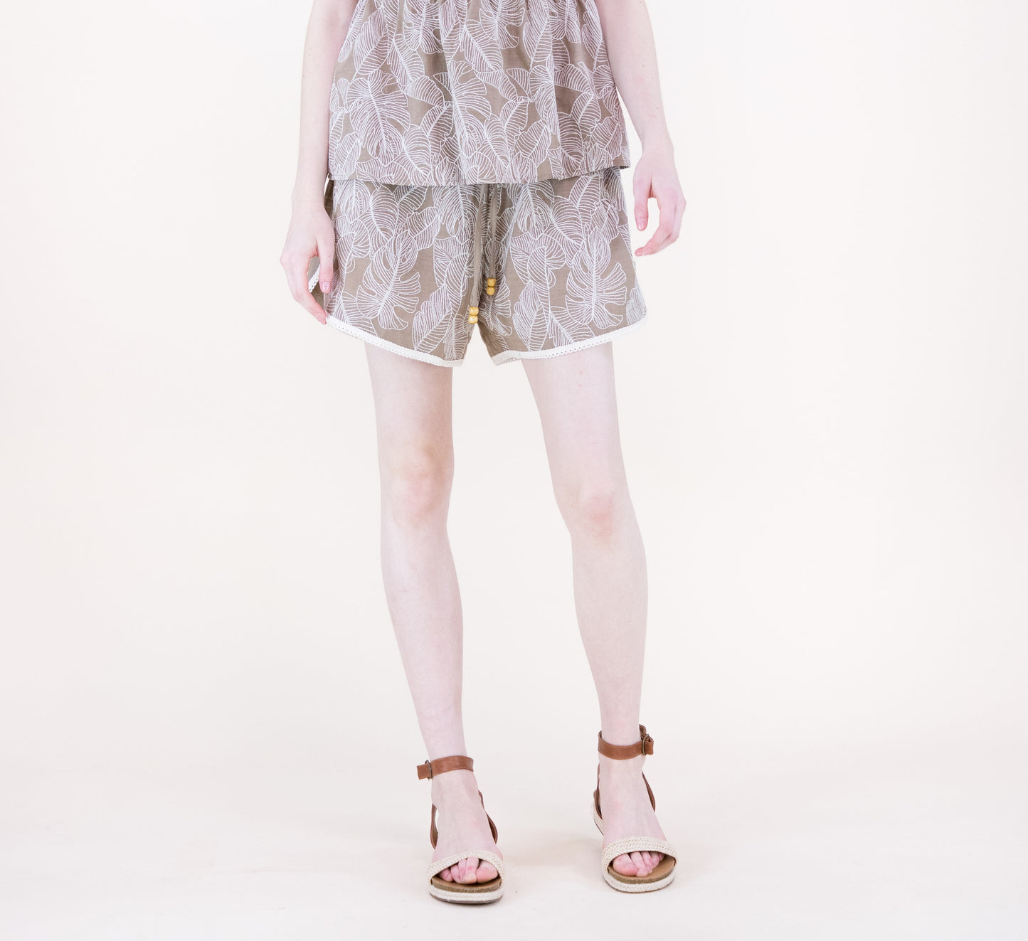 Monstera Leaf Drawstring Cotton Shorts