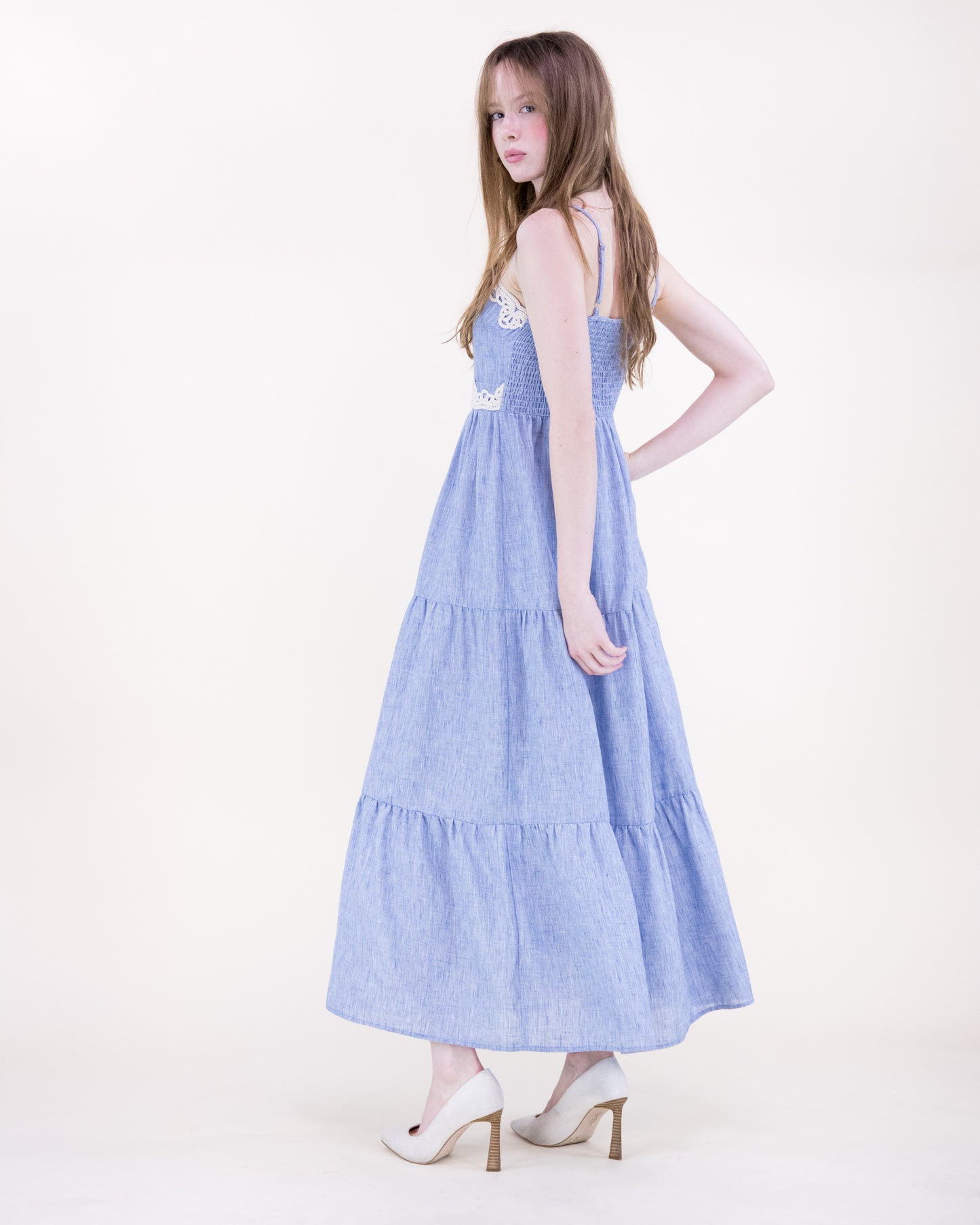 Cottage Lace Trim Chambray Tiered Maxi Dress