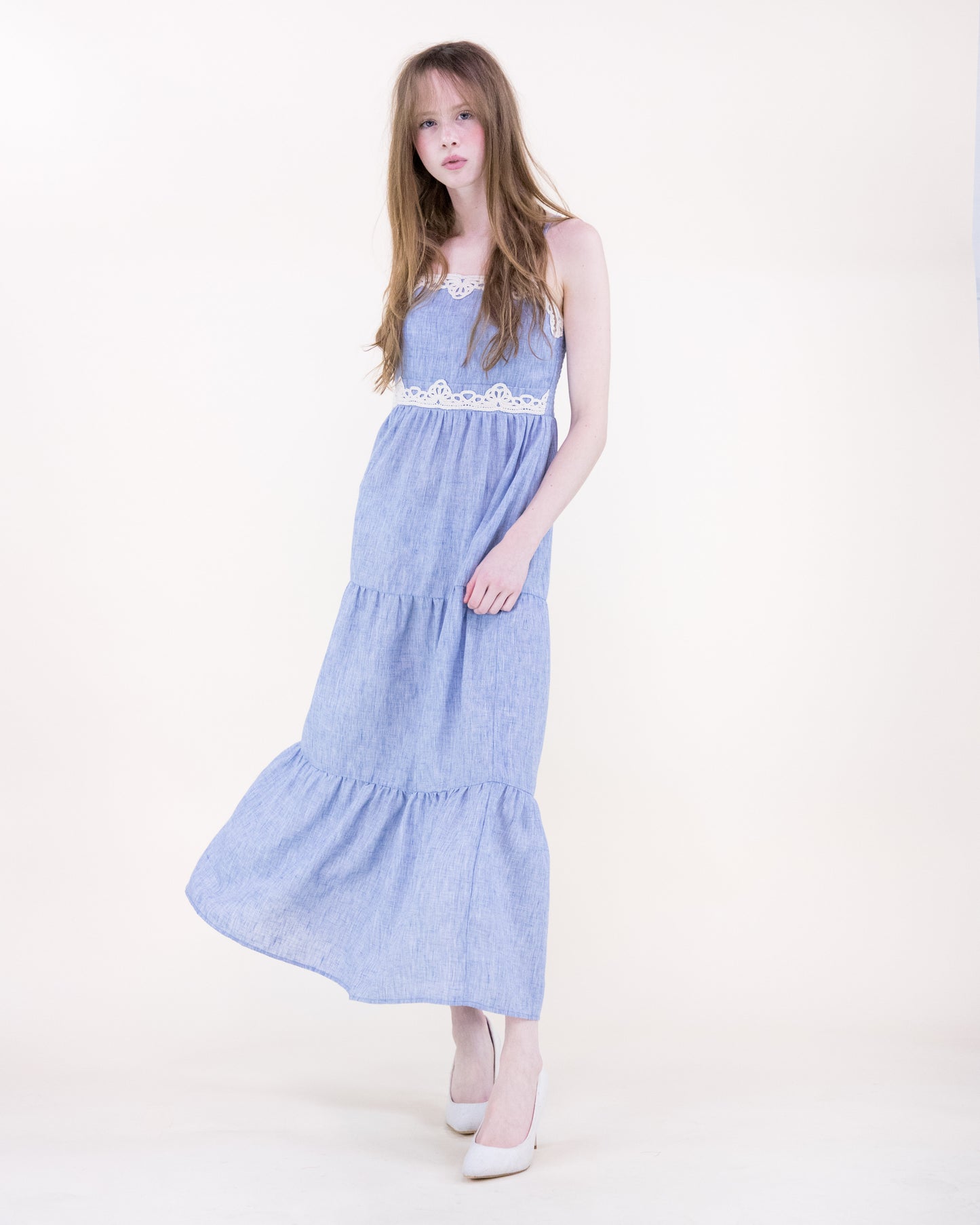 Cottage Lace Trim Chambray Tiered Maxi Dress