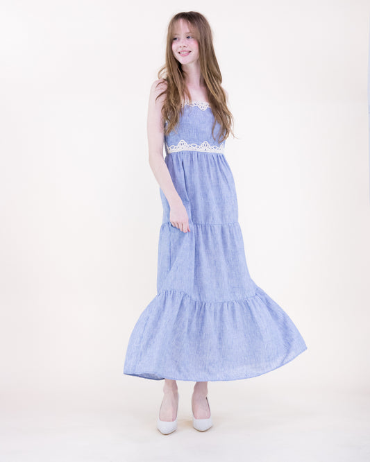 Cottage Lace Trim Chambray Tiered Maxi Dress