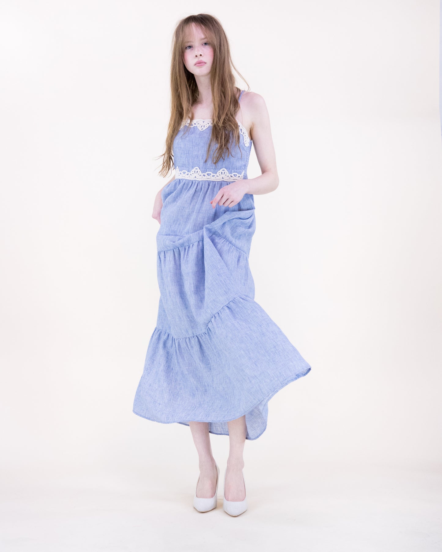 Cottage Lace Trim Chambray Tiered Maxi Dress
