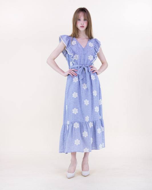 Spring Butterfly Sleeve Chambray Maxi Dress