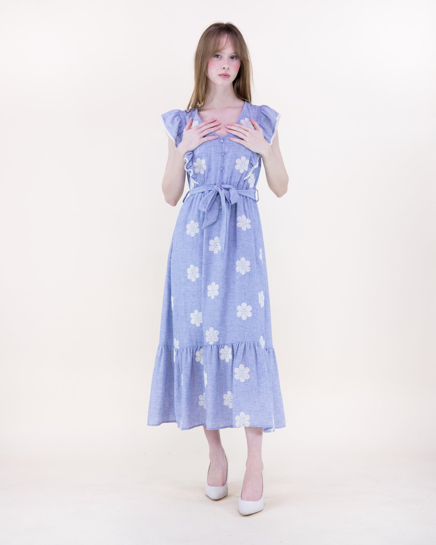 Spring Butterfly Sleeve Chambray Maxi Dress