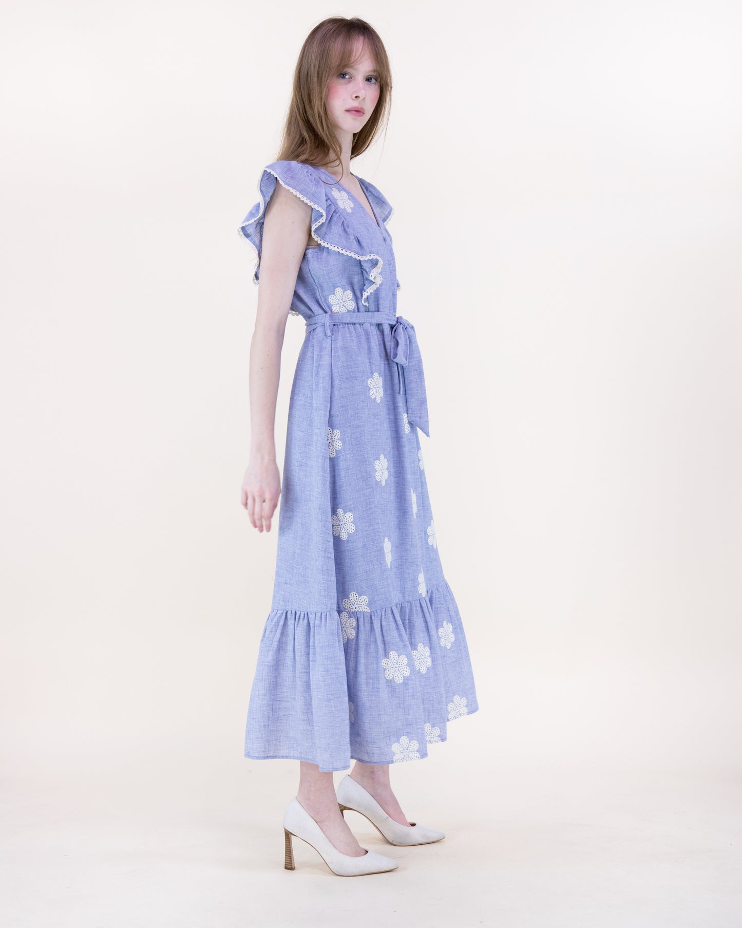 Spring Butterfly Sleeve Chambray Maxi Dress