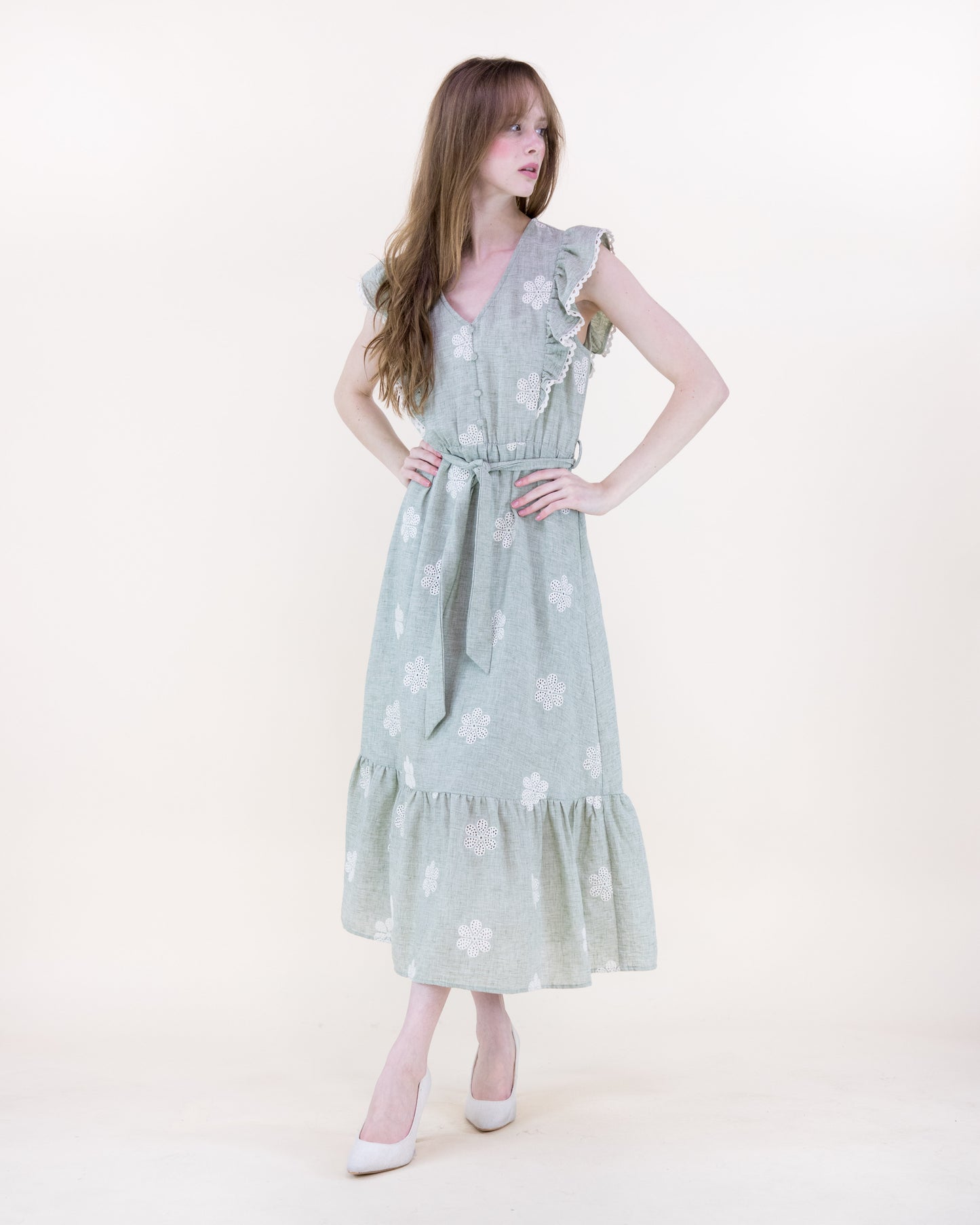 Summer Rose Butterfly Sleeve Chambray Maxi Dress