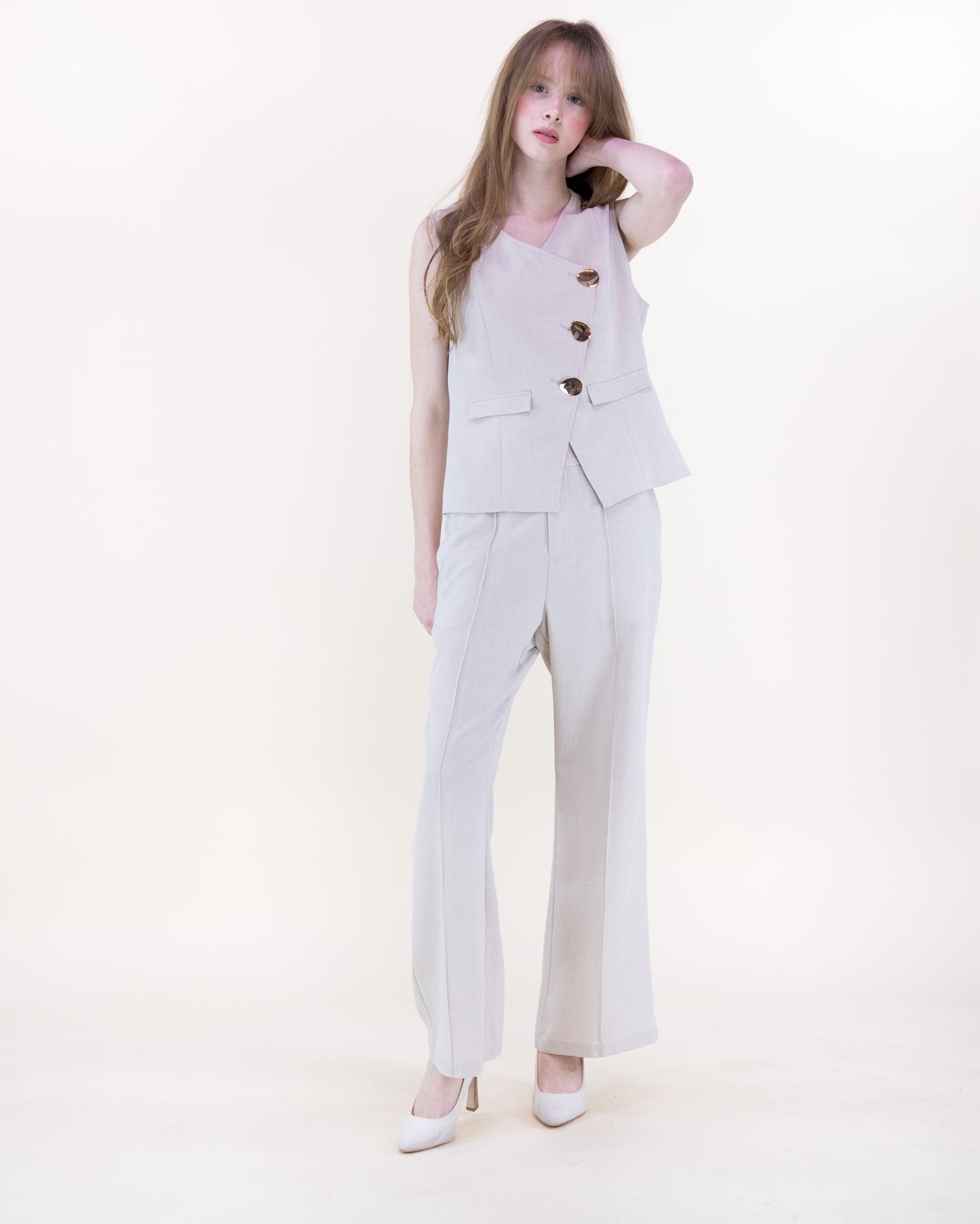 Laguna Linen Asymmetrical Gold Button Cropped Vest